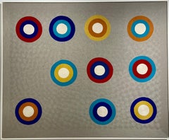 Dots 1 -textile abstract geometric blue, grey, red, yellow stitched wool framed