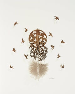 Diaspora - brown bird feather 3D wall sculpture composition on paper 