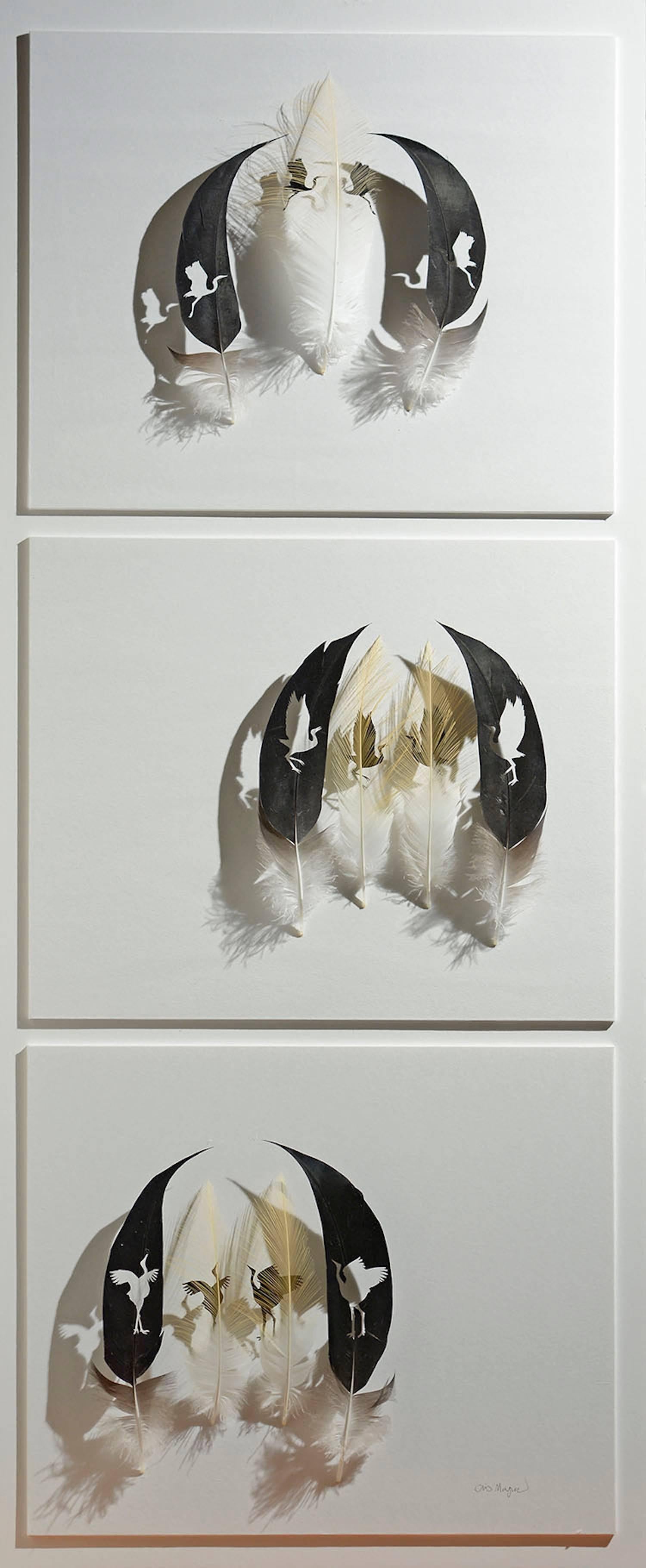 Chris Maynard Animal Art - Crane Dance - brown black bird feather 3D wall sculpture composition on paper 