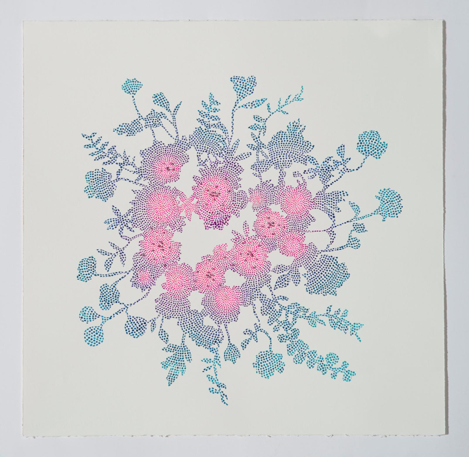 Dharma Strasser MacColl Still-Life - Tuin I - Abstract floral circle painting on paper pink and blue nature inspired