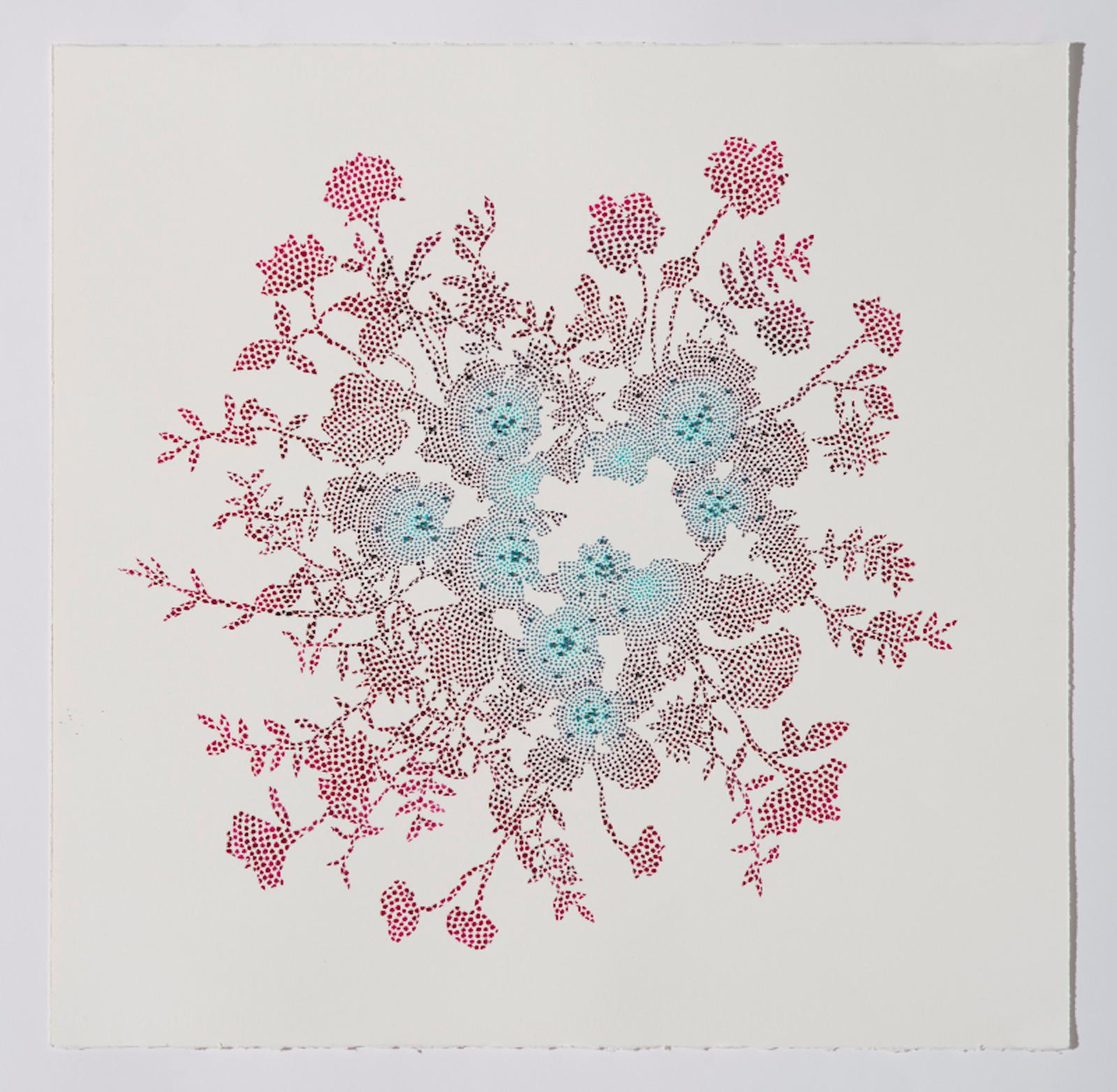 Dharma Strasser MacColl Still-Life - Tuin II - Abstract floral circle painting on paper pink and blue nature inspired