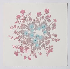 Tuin II - Abstract floral circle painting on paper pink and blue nature inspired