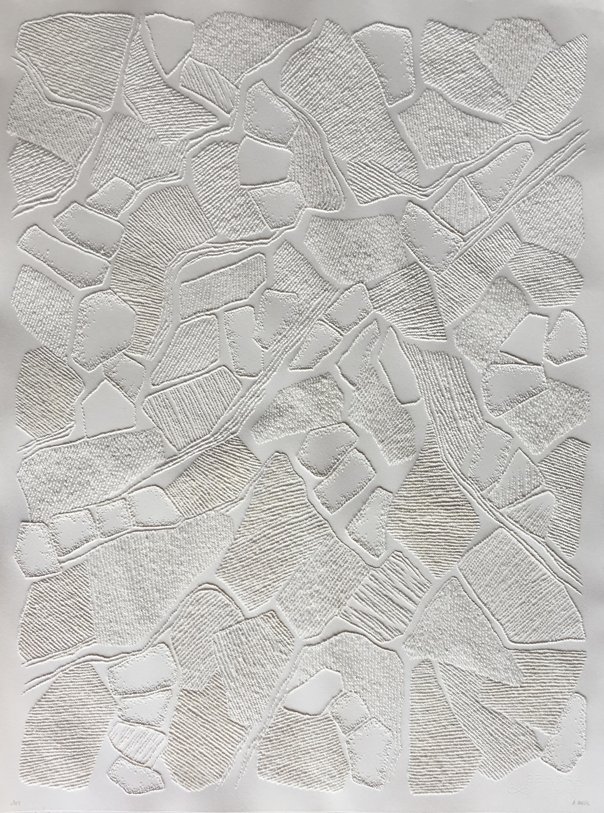 Antonin Anzil Abstract Drawing – Untitled 1 - intricate white 3D abstract geometric drypoint drawing on paper 