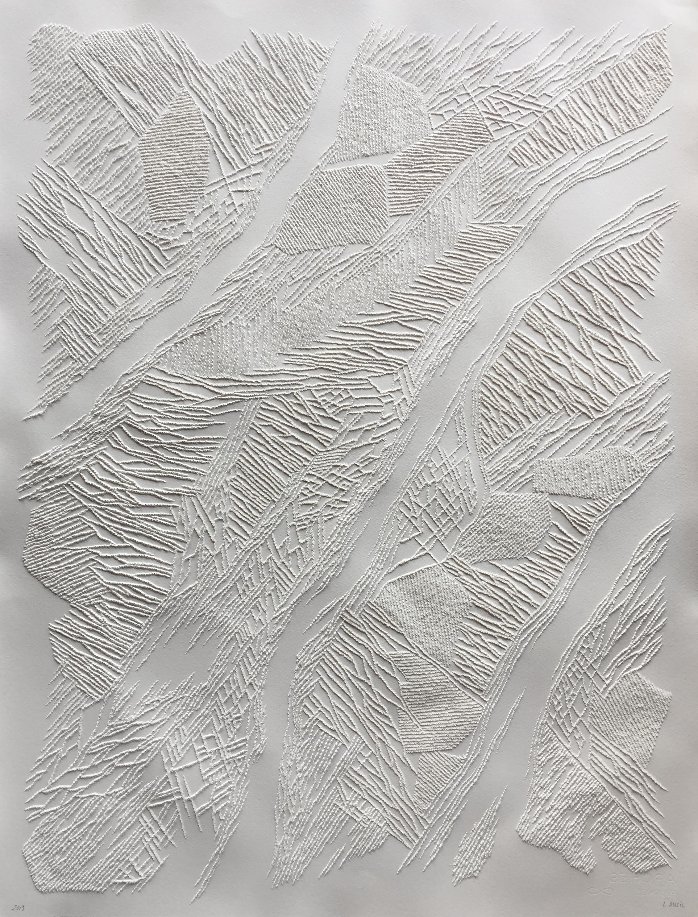 Antonin Anzil Abstract Drawing - Untitled 3 - intricate white 3D abstract geometric drypoint drawing on paper 