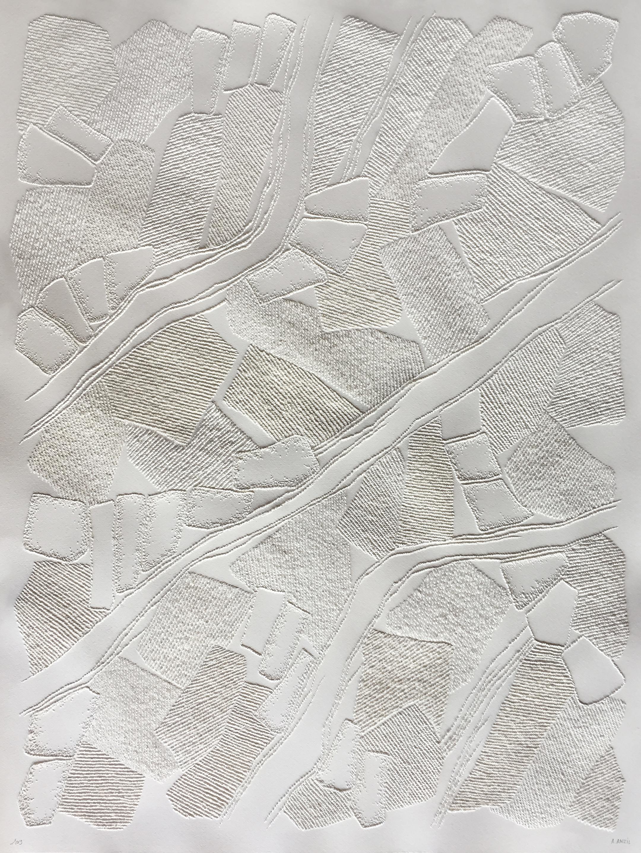 Antonin Anzil Abstract Drawing – Untitled 4 - intricate white 3D abstract geometric drypoint drawing on paper 