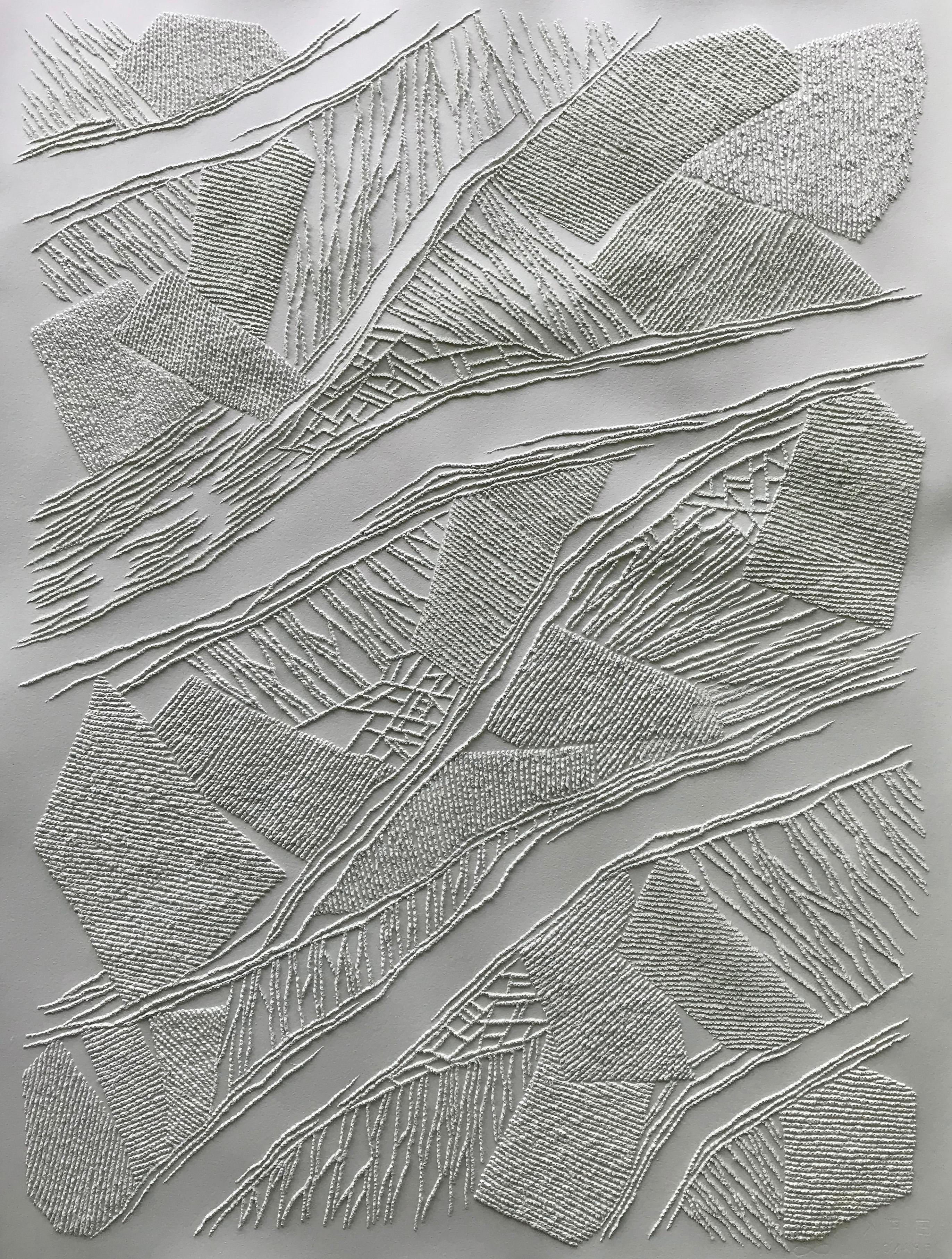 Antonin Anzil Abstract Drawing – Grey 1 - intricate silver 3D abstract geometric drypoint drawing on paper 