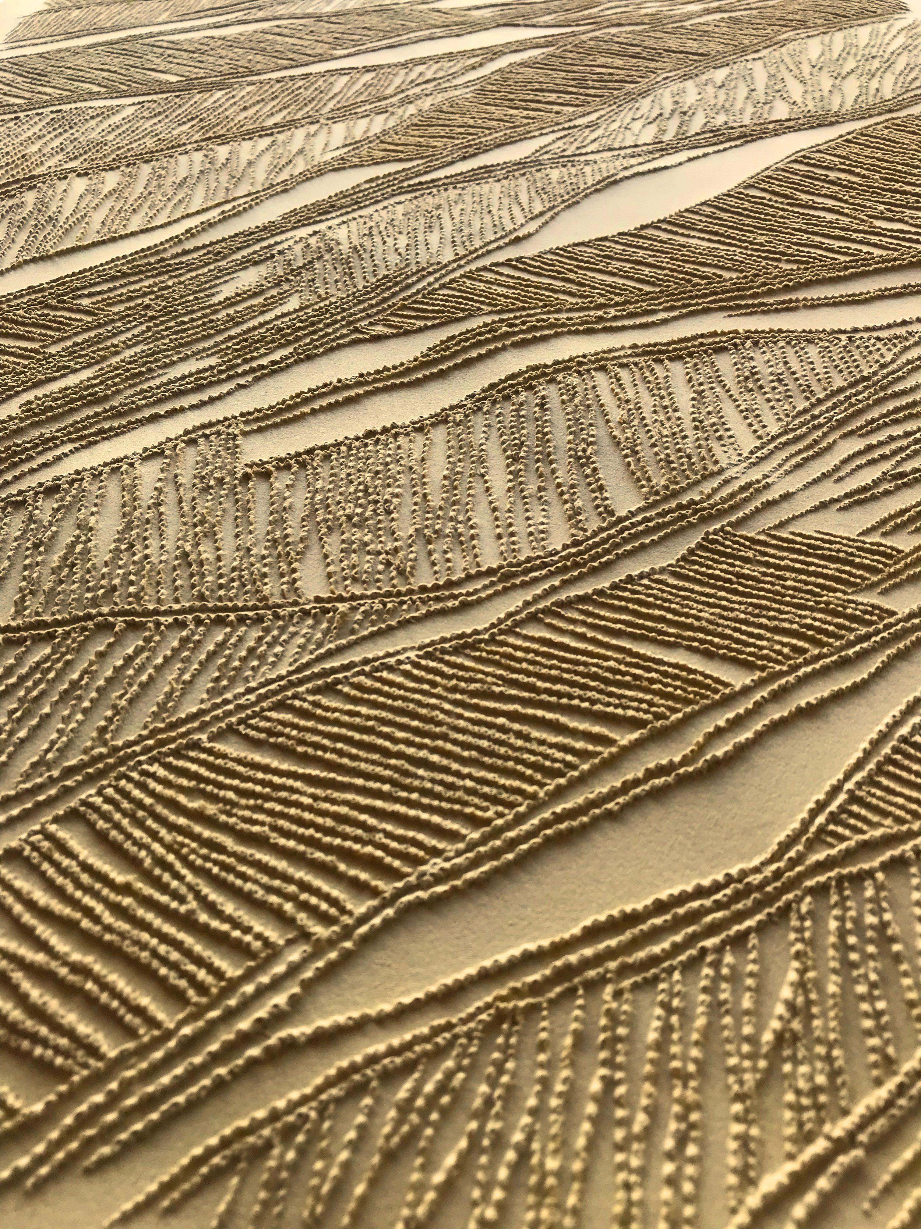 Ochre - intricate gold brown 3D abstract geometric drypoint drawing on paper  - Art by Antonin Anzil