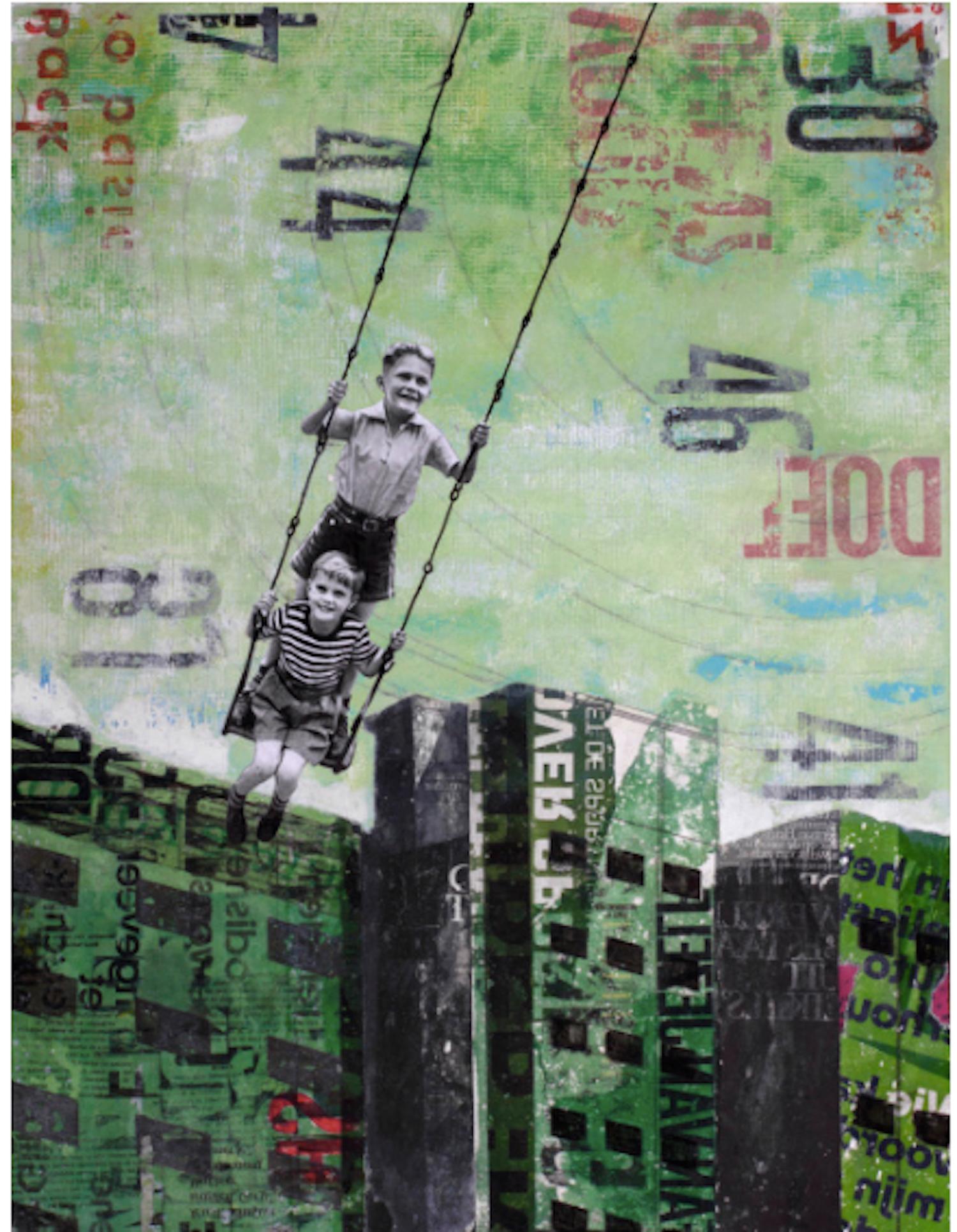 Deb Waterman Figurative Painting - Tuesday Swing - street art urban landscape grey and green painting on paper