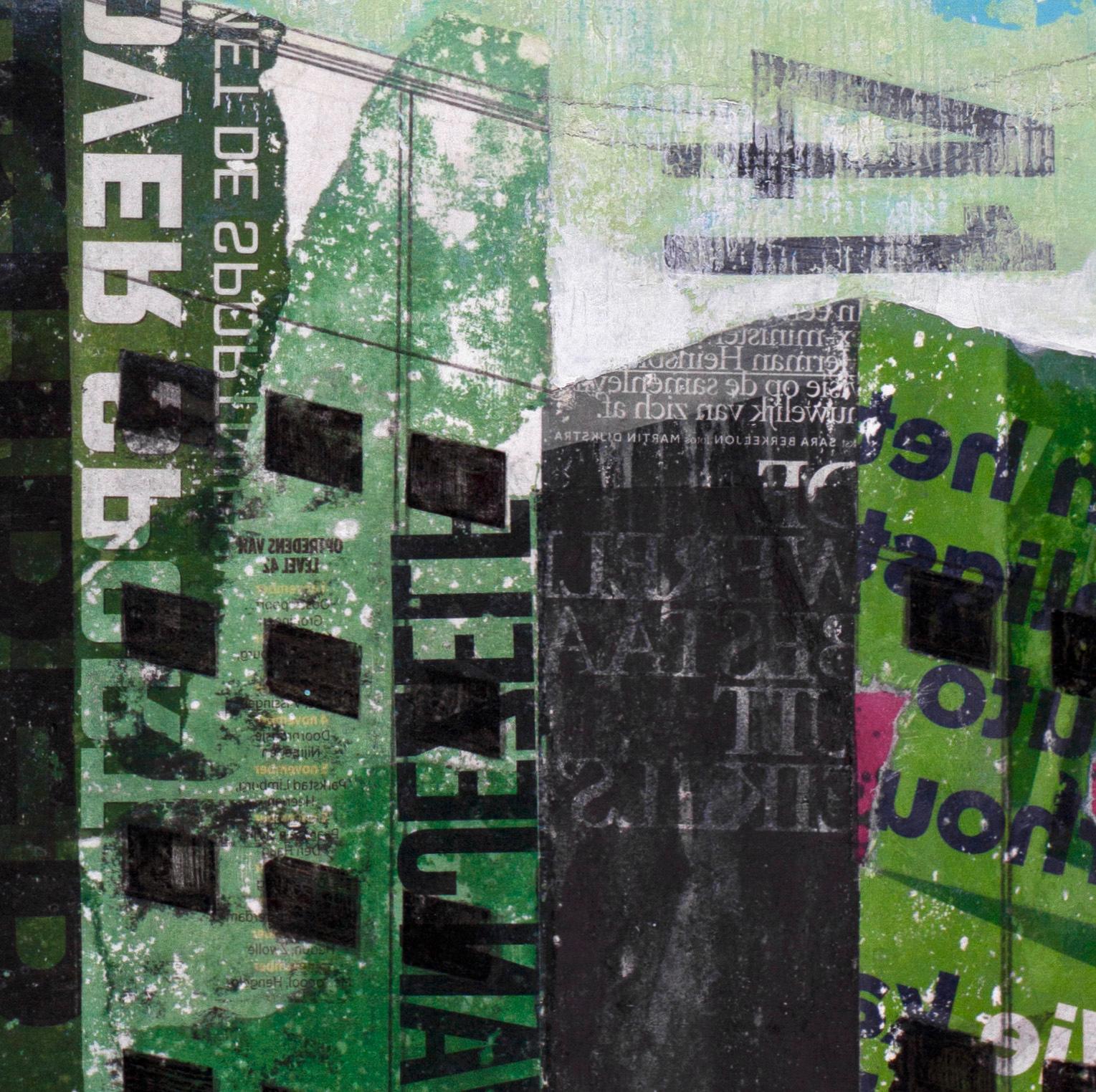 Tuesday Swing - street art urban landscape grey and green painting on paper - Painting by Deb Waterman
