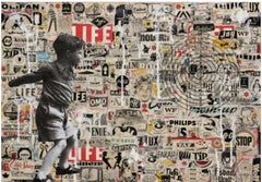Target - Paysage urbain d'art urbain avec garçon et ajouts vintage - collage sur papier