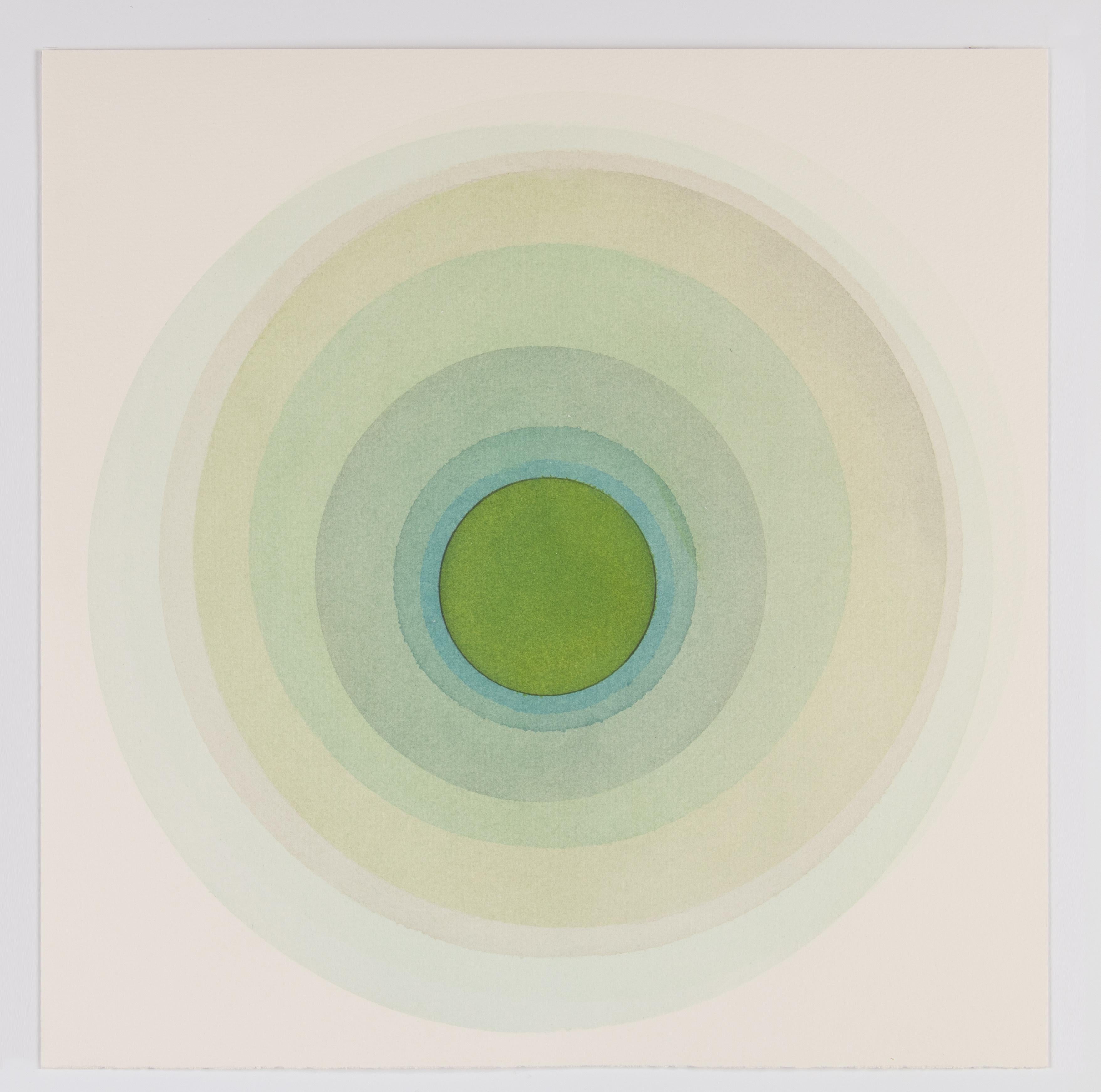 Evan Venegas Abstract Drawing - Coaxist 10719 - Soft pastel green abstract geometric circle watercolor on paper