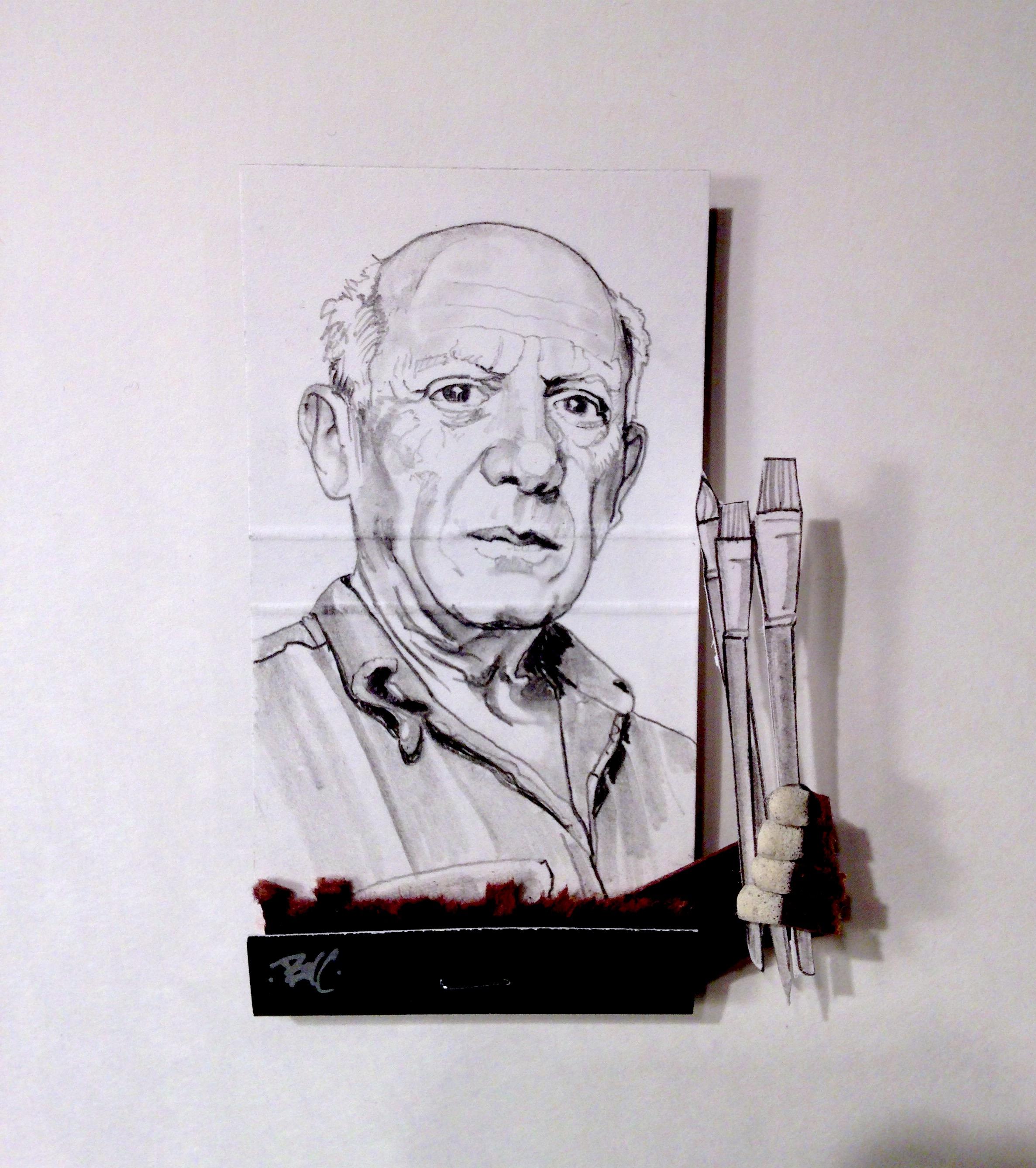 MB visual Portrait - Pablo Picasso - figurative black and white portrait pencil drawing on matchbox