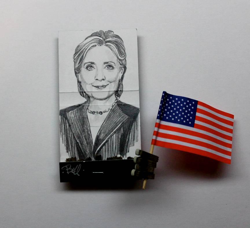 MB visual Portrait - Hillary Clinton- figurative black and white drawing portrait on matchbox