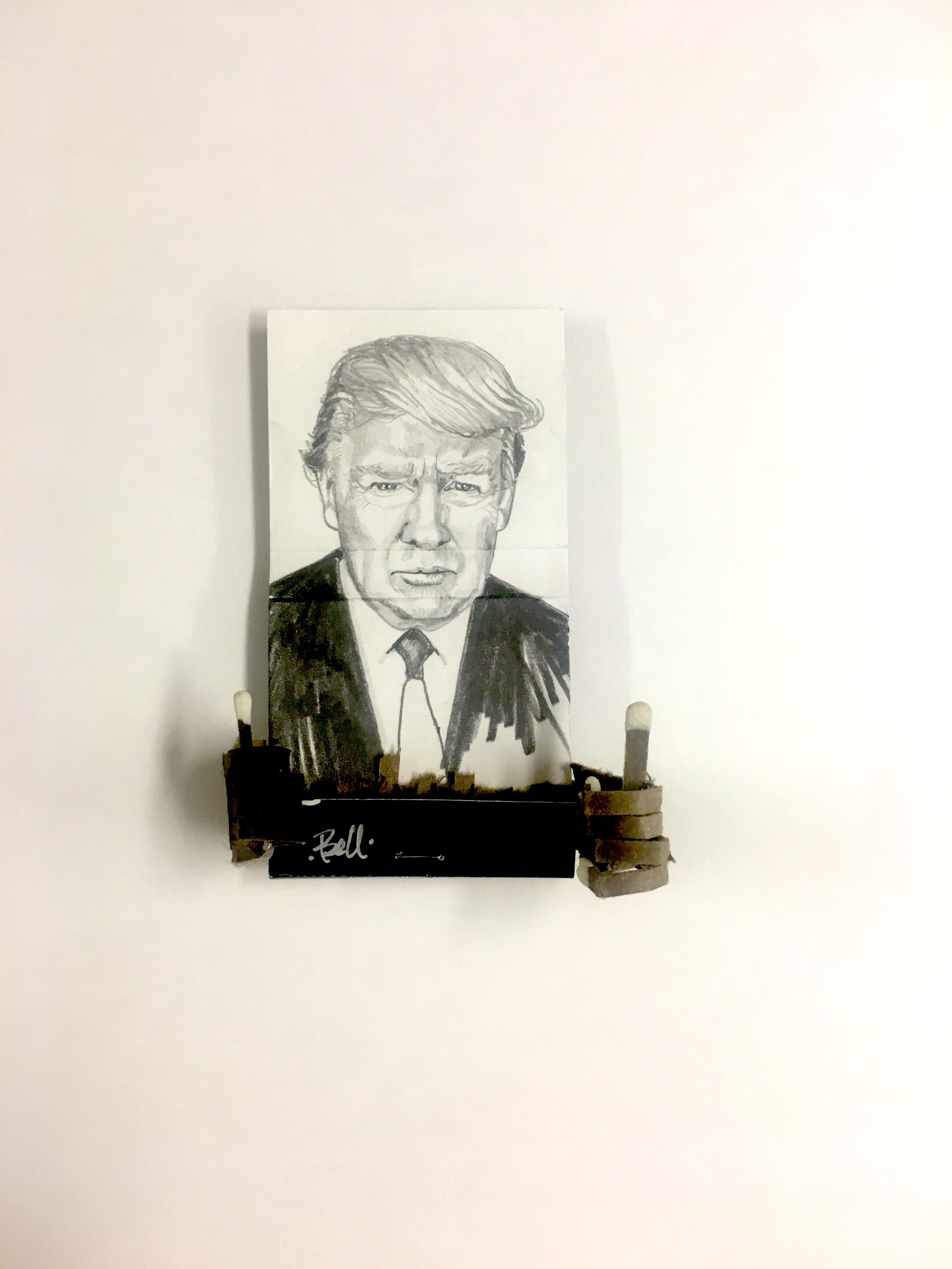 MB visual Portrait - Donald Trump- figurative black and white portrait drawing on matchbox