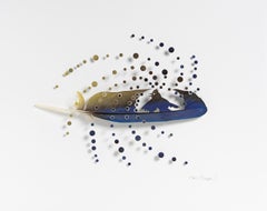 Charley - bird feather blue and gold 3D wall sculpture composition on paper 
