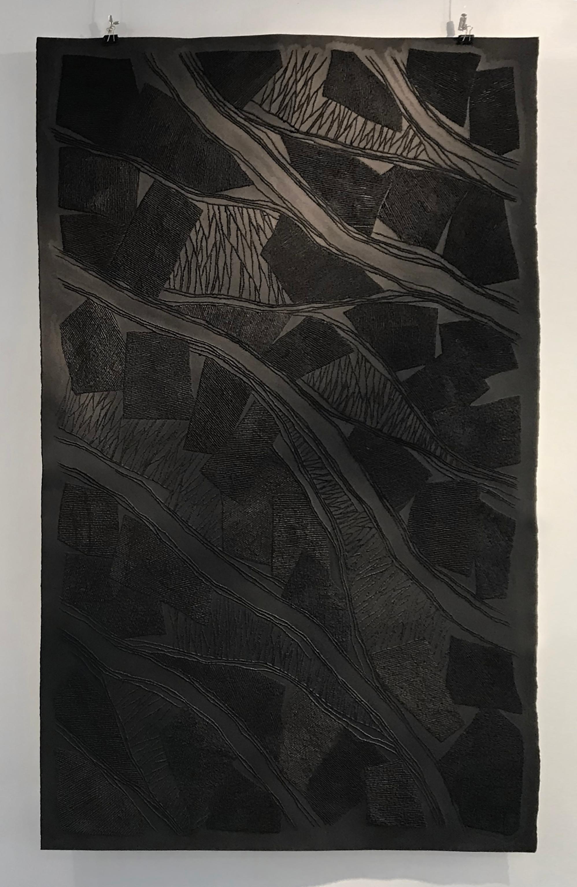 Antonin Anzil Abstract Sculpture - Black 1 - intricate black 3D abstract landscape drypoint drawing on paper 