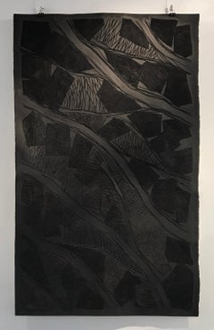 Black 1 - intricate black 3D abstract landscape drypoint drawing on paper 