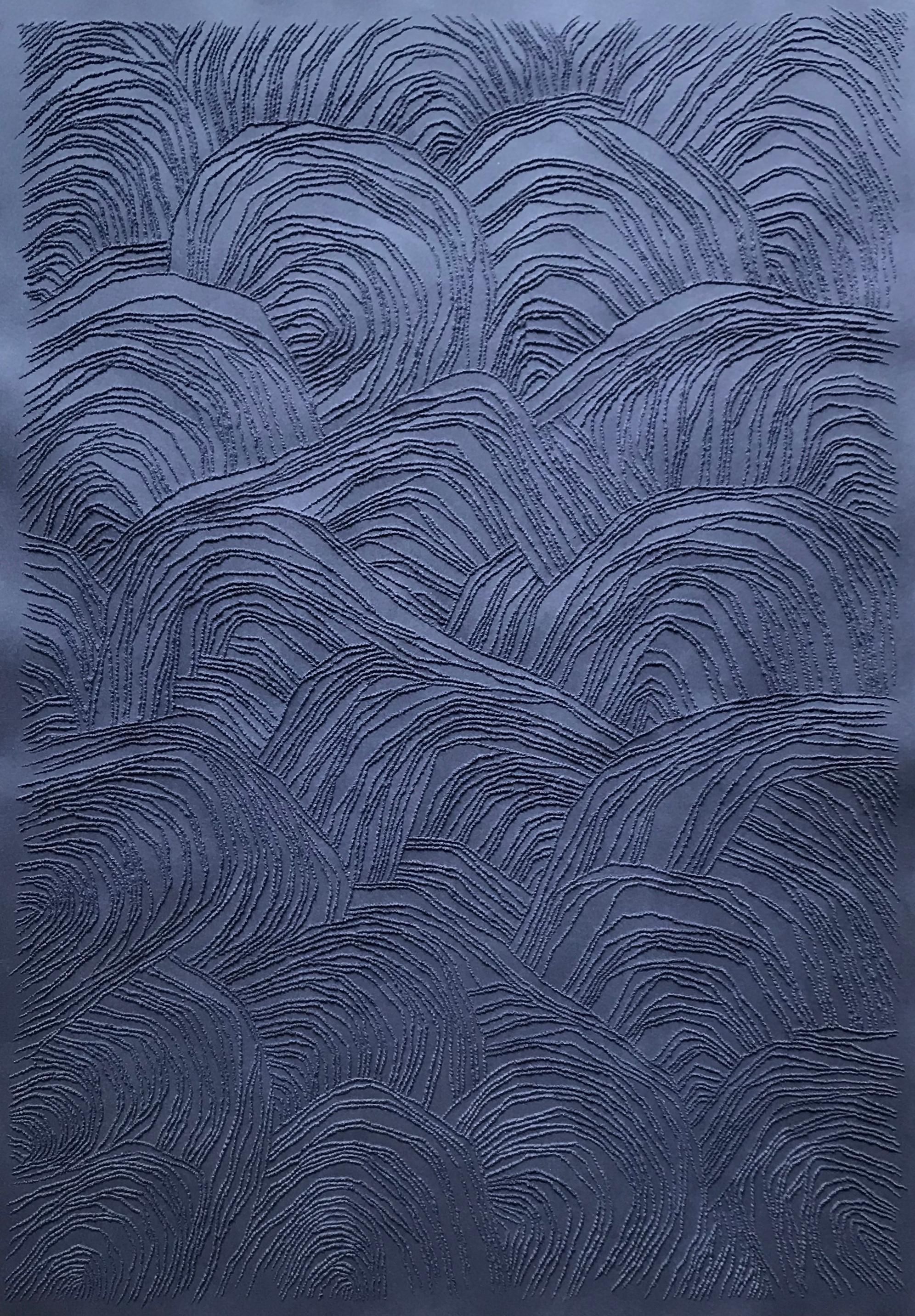 Antonin Anzil Abstract Sculpture - Blue 1 - intricate blue 3D abstract landscape drypoint drawing on paper 