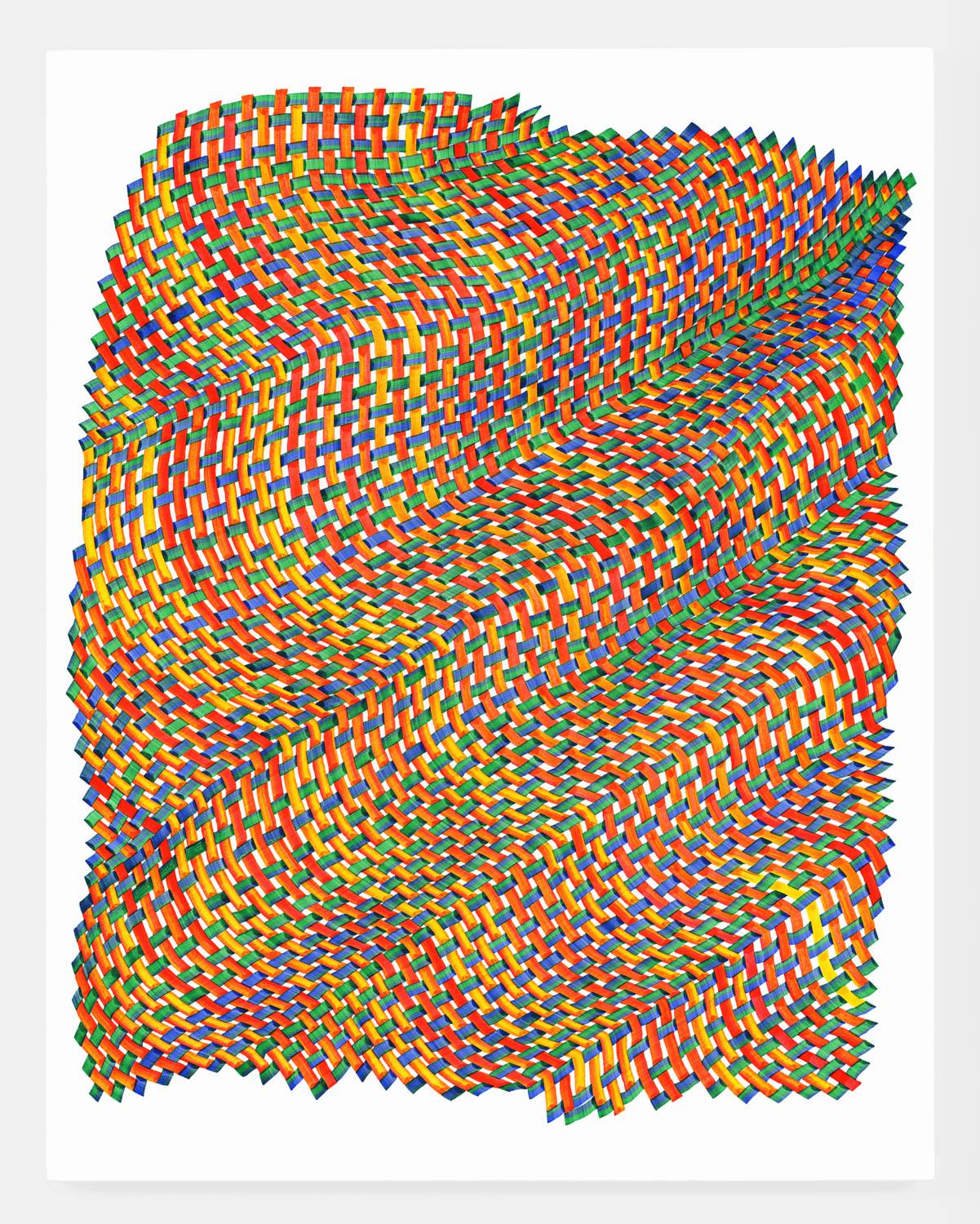 Abstract Drawing de Dana Piazza - Líneas tejidas 39 - abstracto rojo azul verde amarillo dominante dibujo de tinta sobre papel