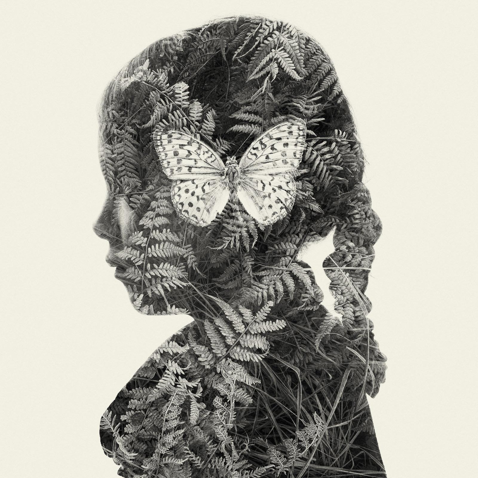 Christoffer Relander Landscape Photograph - Butterfly Mind - black and white portrait and nature multi exposure photograph
