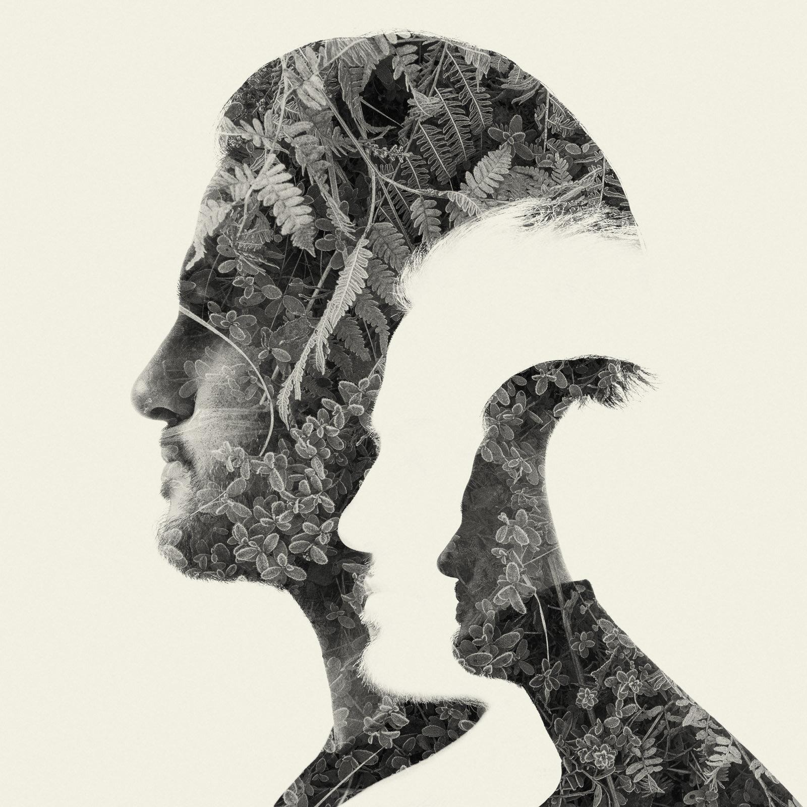 Christoffer Relander Landscape Photograph - Triplets - black and white portrait and nature multi exposure photograph