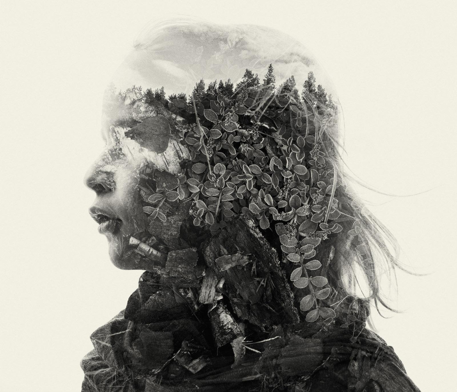 Christoffer Relander Landscape Photograph - Wildy - black and white portrait and nature multi exposure photograph
