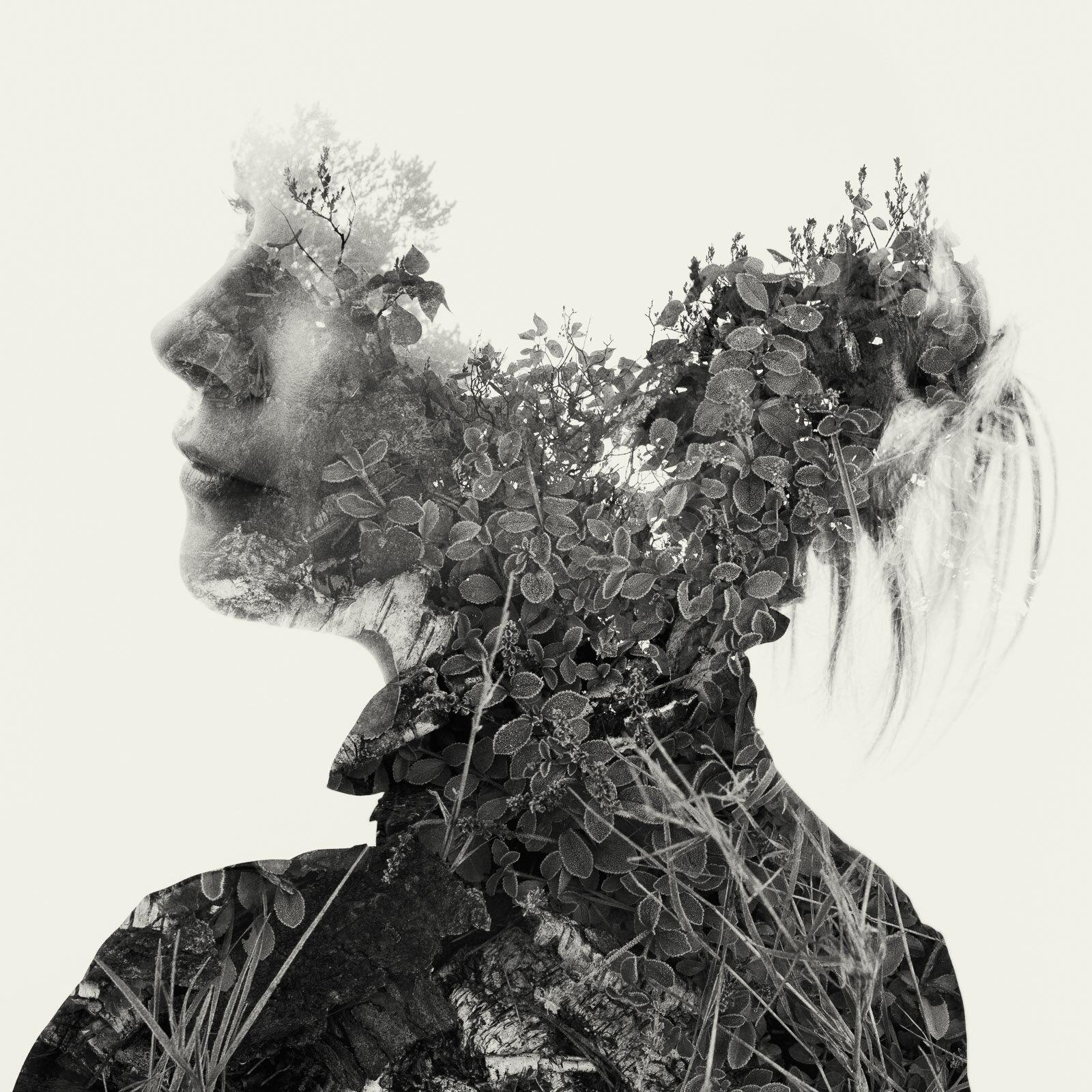 Christoffer Relander Landscape Photograph - Frost and fog- black and white portrait and nature multi exposure photograph