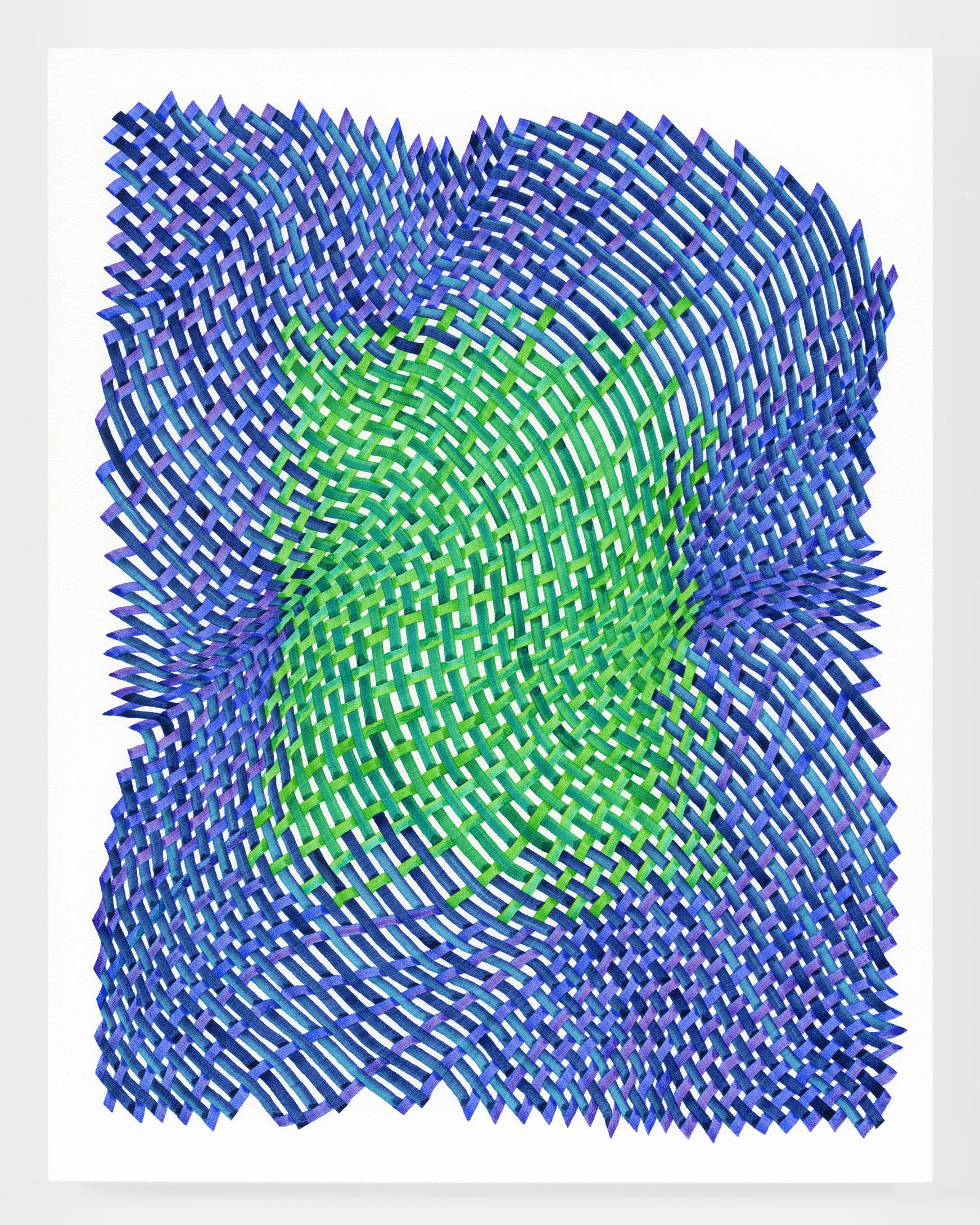 Woven lines 51 - abstract geometric blue green dominant ink drawing on paper