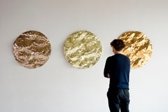 Ocean Sunset #1 -abstract textural round mural glass sculpture with gold leaves