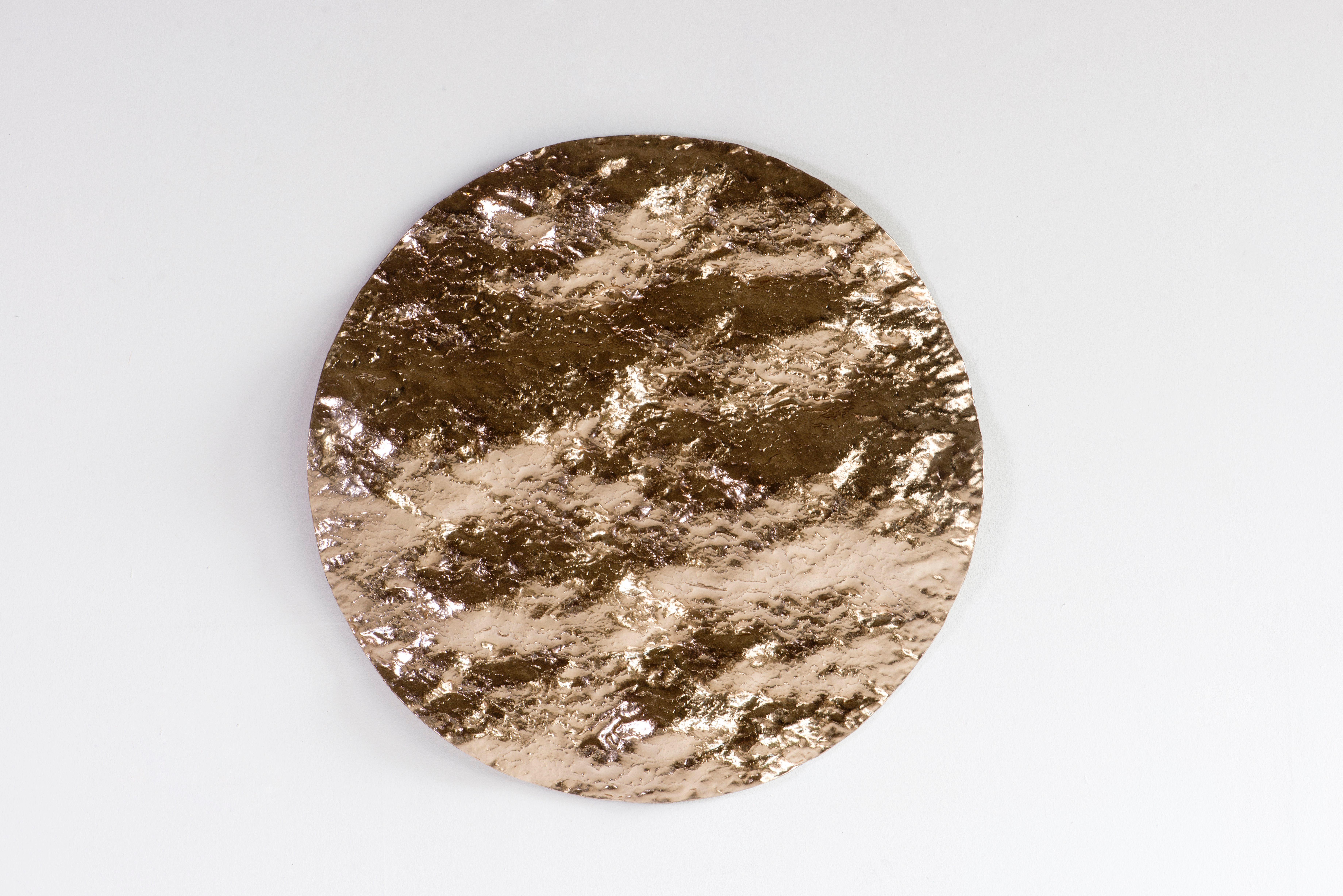 Damien Gernay Abstract Painting - Ocean Sunset #2 -abstract textural round mural glass sculpture with gold leaves 