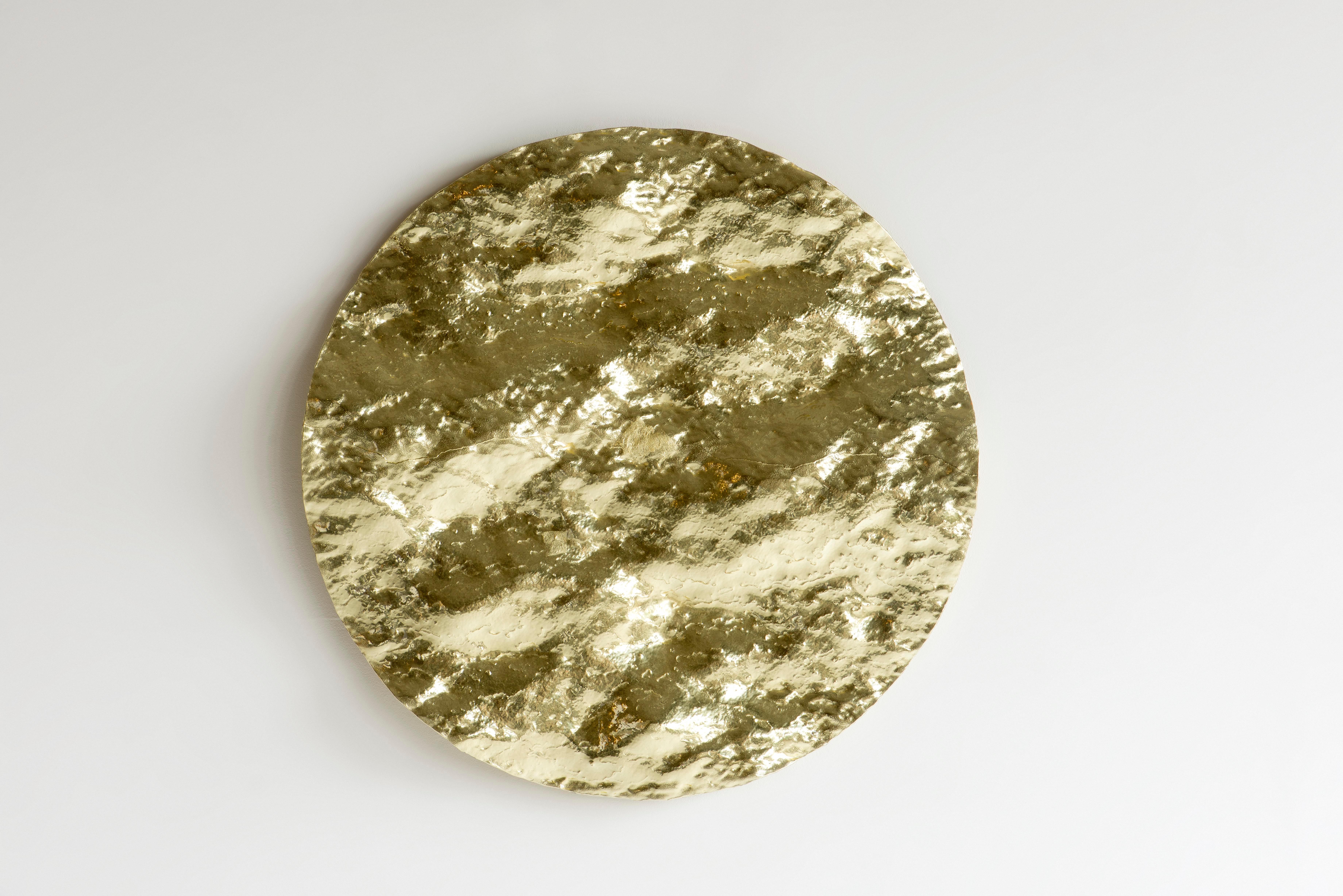 Damien Gernay Abstract Painting - Ocean Sunset #3 -abstract textural round mural glass sculpture with gold leaves 