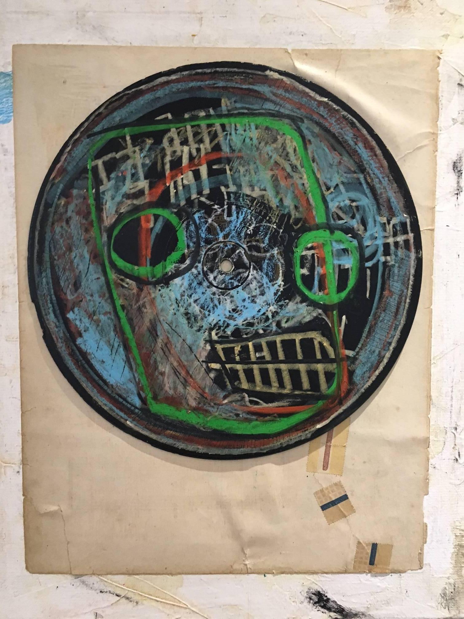 Lionel Pratt Abstract Drawing – No Room for Squares – Post-Graffiti-Street-Art-Pastellzeichnung auf Vinylplatte 