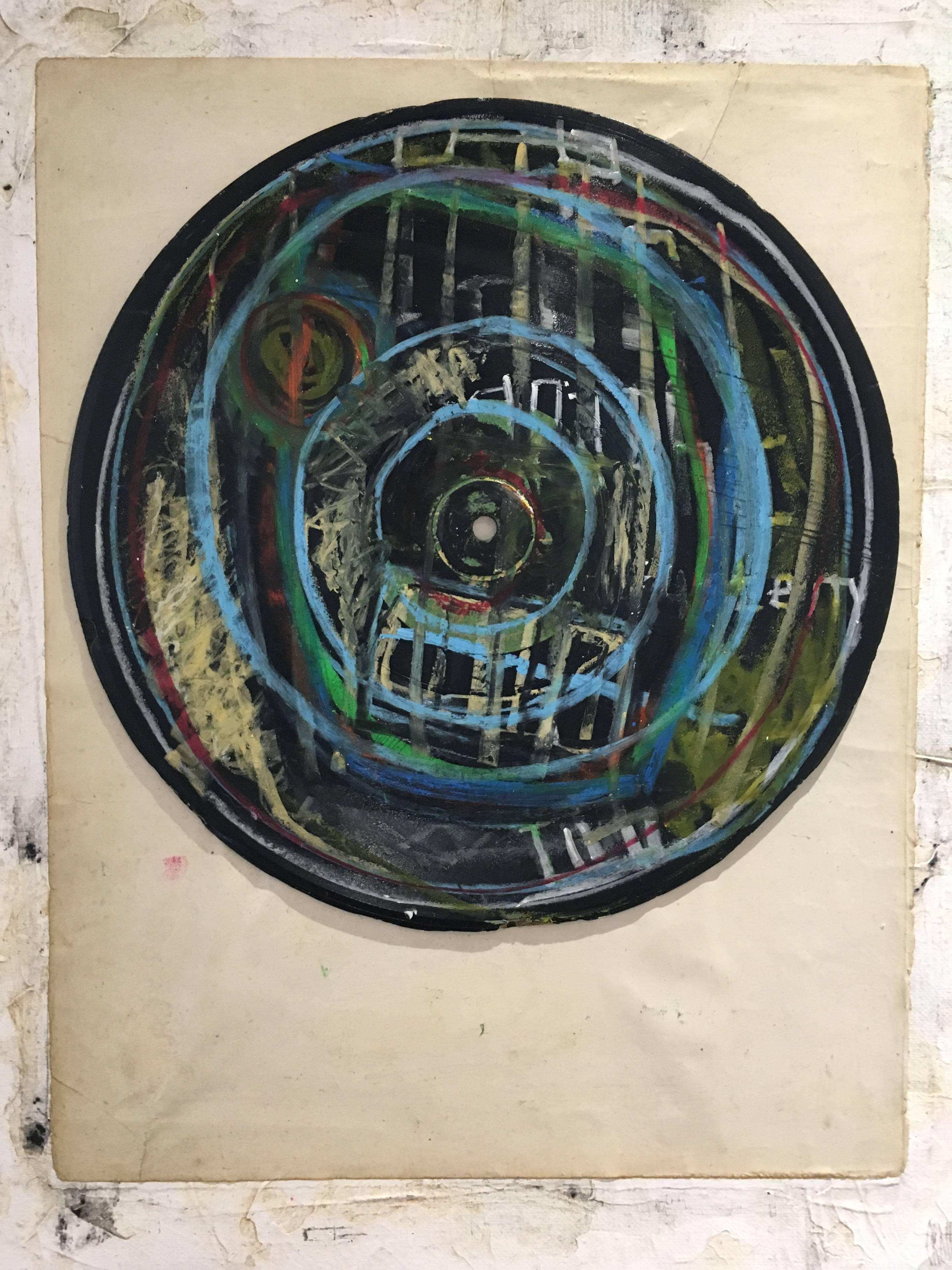 Lionel Pratt Abstract Drawing - Downtown - vinyl record post graffiti street art pastel drawing on canvas