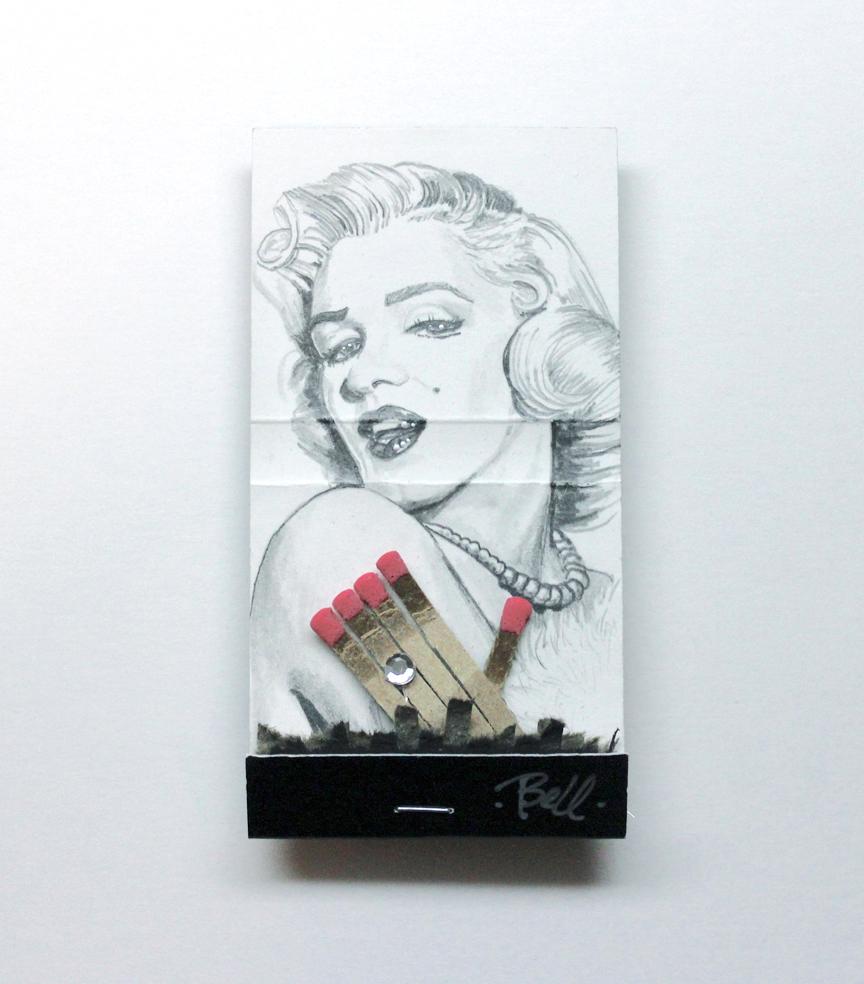 MB visual Portrait - Marilyn Monroe- figurative black and white portrait drawing on matchbox