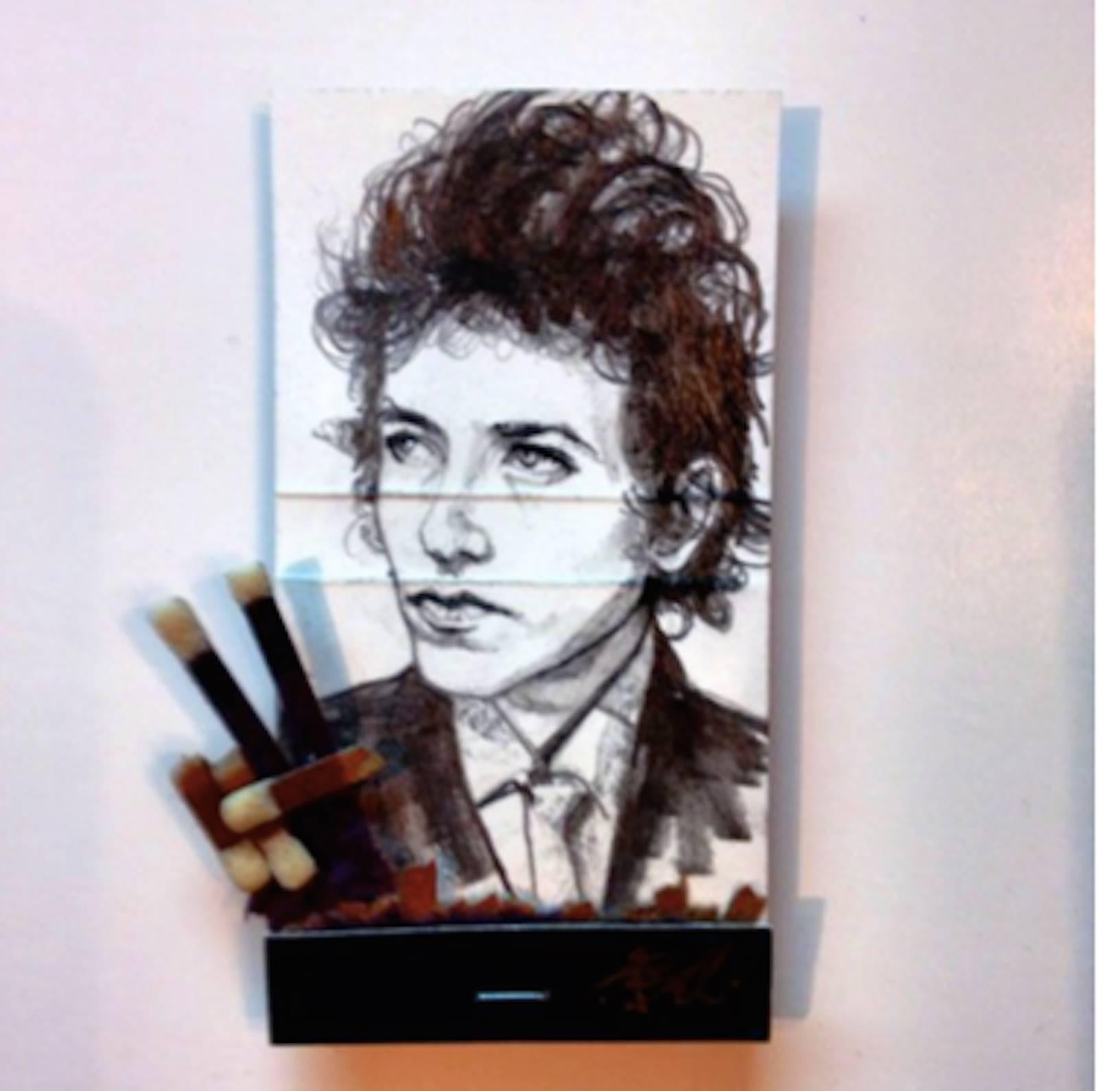 MB visual Portrait - Bob Dylan- black and white figurative portrait on matchbox