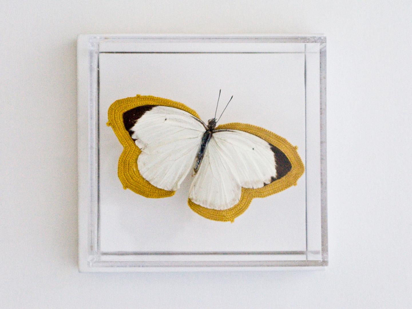 Pale - white and black butterfly embroidered with yellow thread - Mixed Media Art by Esther Traugot