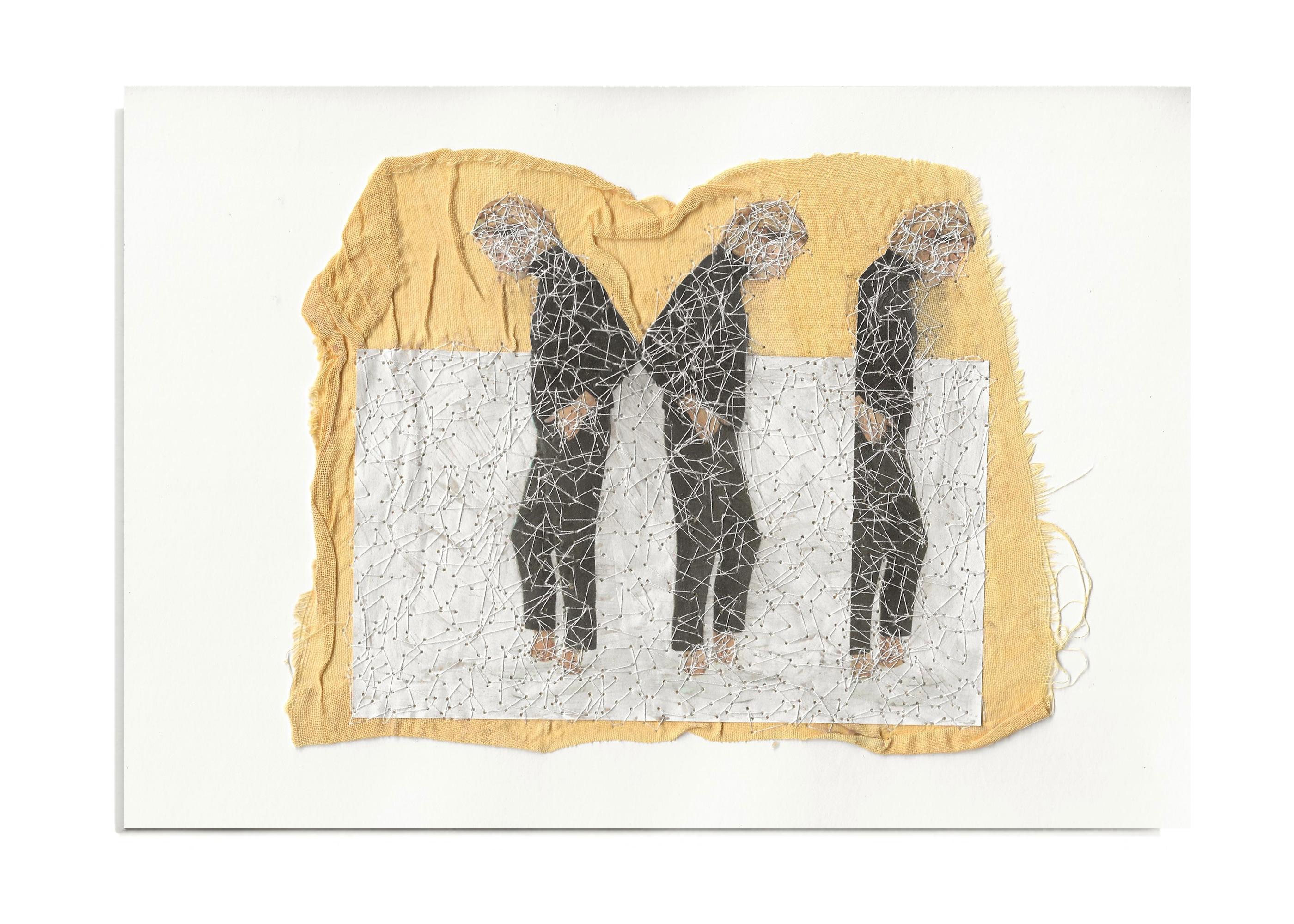 She 50 - yellow contemporary embroidered photo transfer of women on fabric