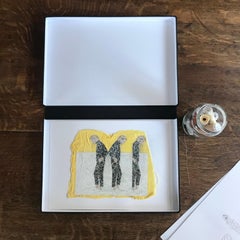 She 50 - yellow contemporary embroidered photo transfer of women on fabric