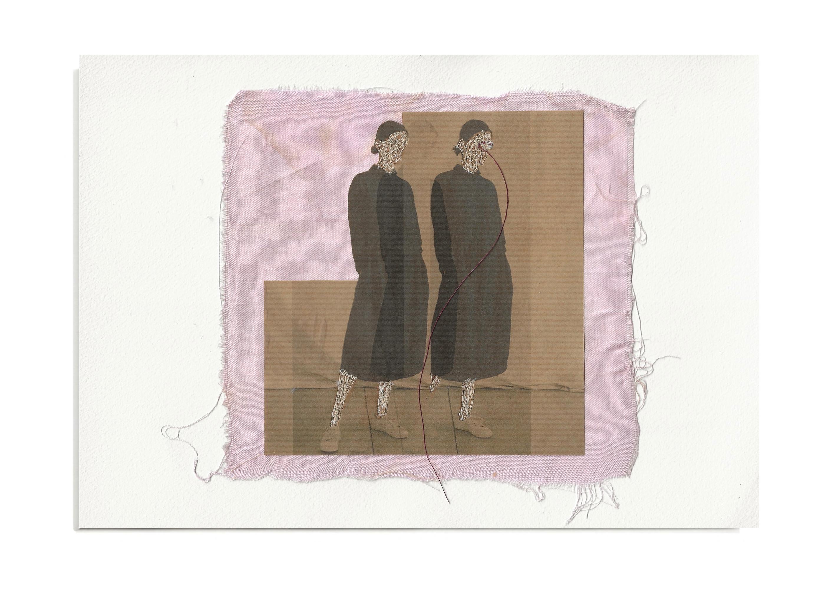 Michele Landel Figurative Photograph - She 54 - brown pink contemporary embroidered photo transfer of women on fabric