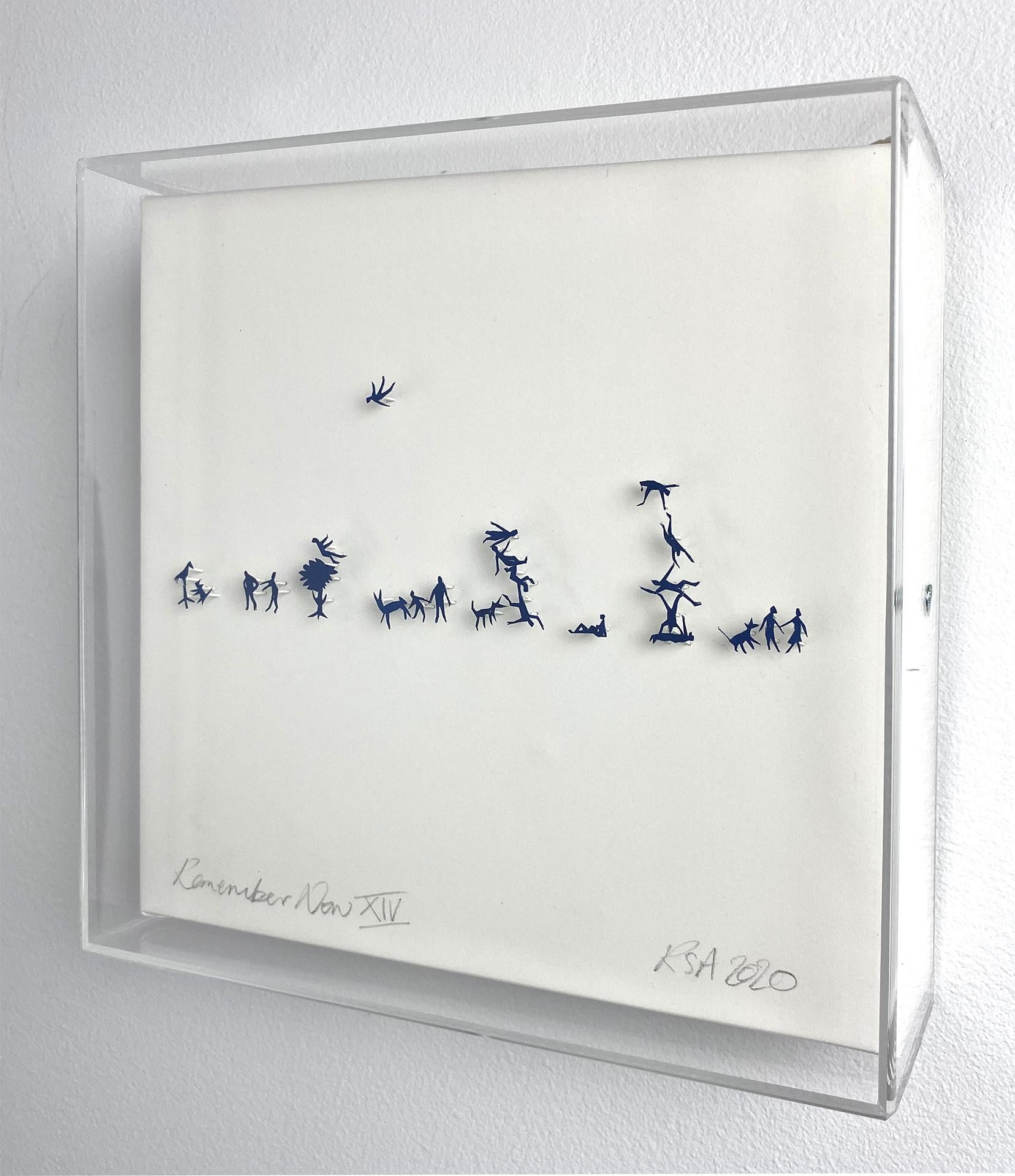 Rachel Shaw Abstract Sculpture - Blue hand cut figures pinned on paper framed in acrylic box. 3D. In stock 