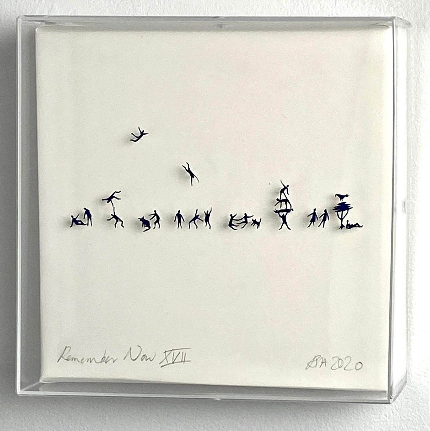 Rachel Shaw Abstract Sculpture - Blue hand cut figures pinned on paper framed in acrylic box. 3D. In stock 