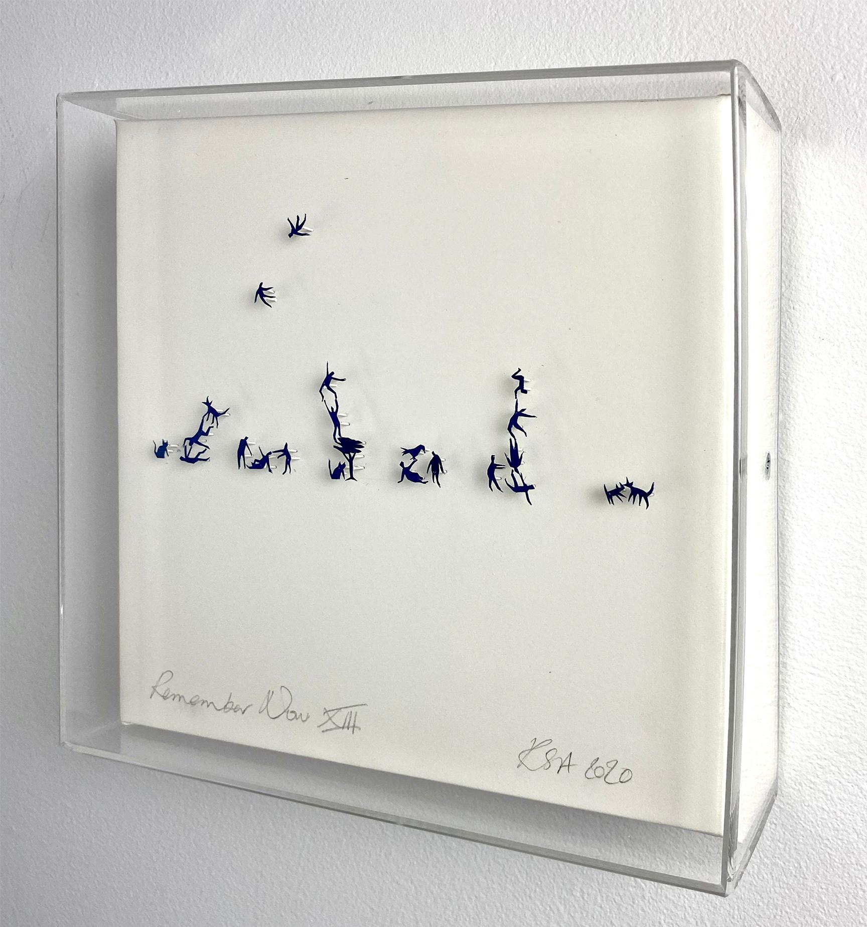 Rachel Shaw Abstract Sculpture - Blue hand cut figures pinned on paper framed in acrylic box. 3D. In stock 