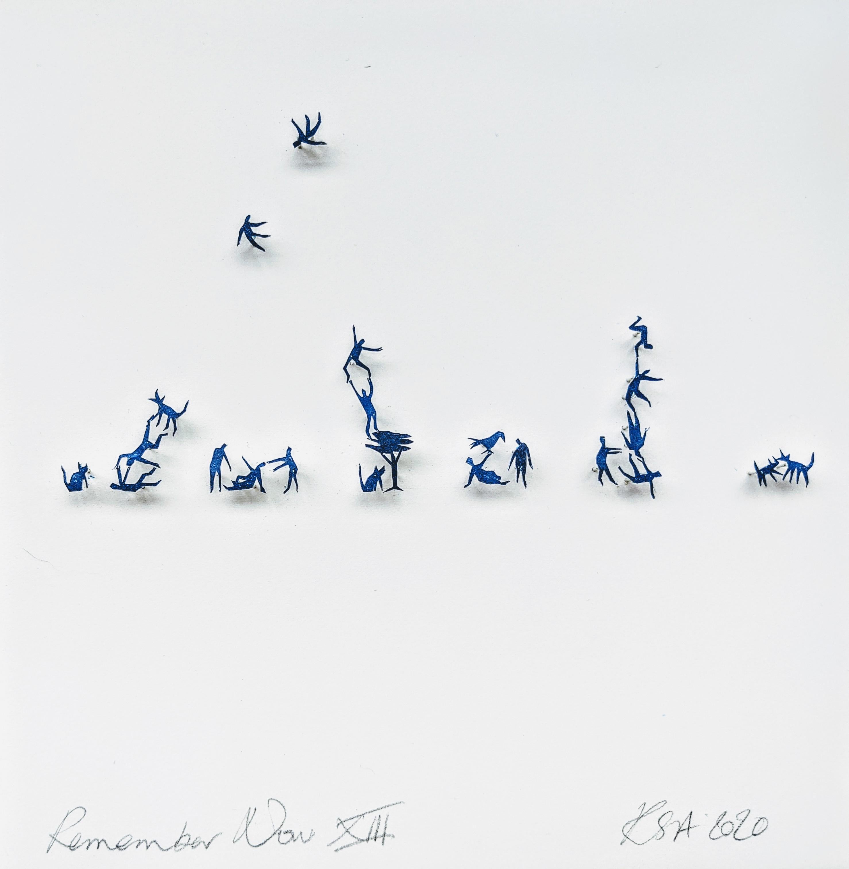 Blue hand cut figures pinned on paper framed in acrylic box. 3D. In stock  - Sculpture by Rachel Shaw