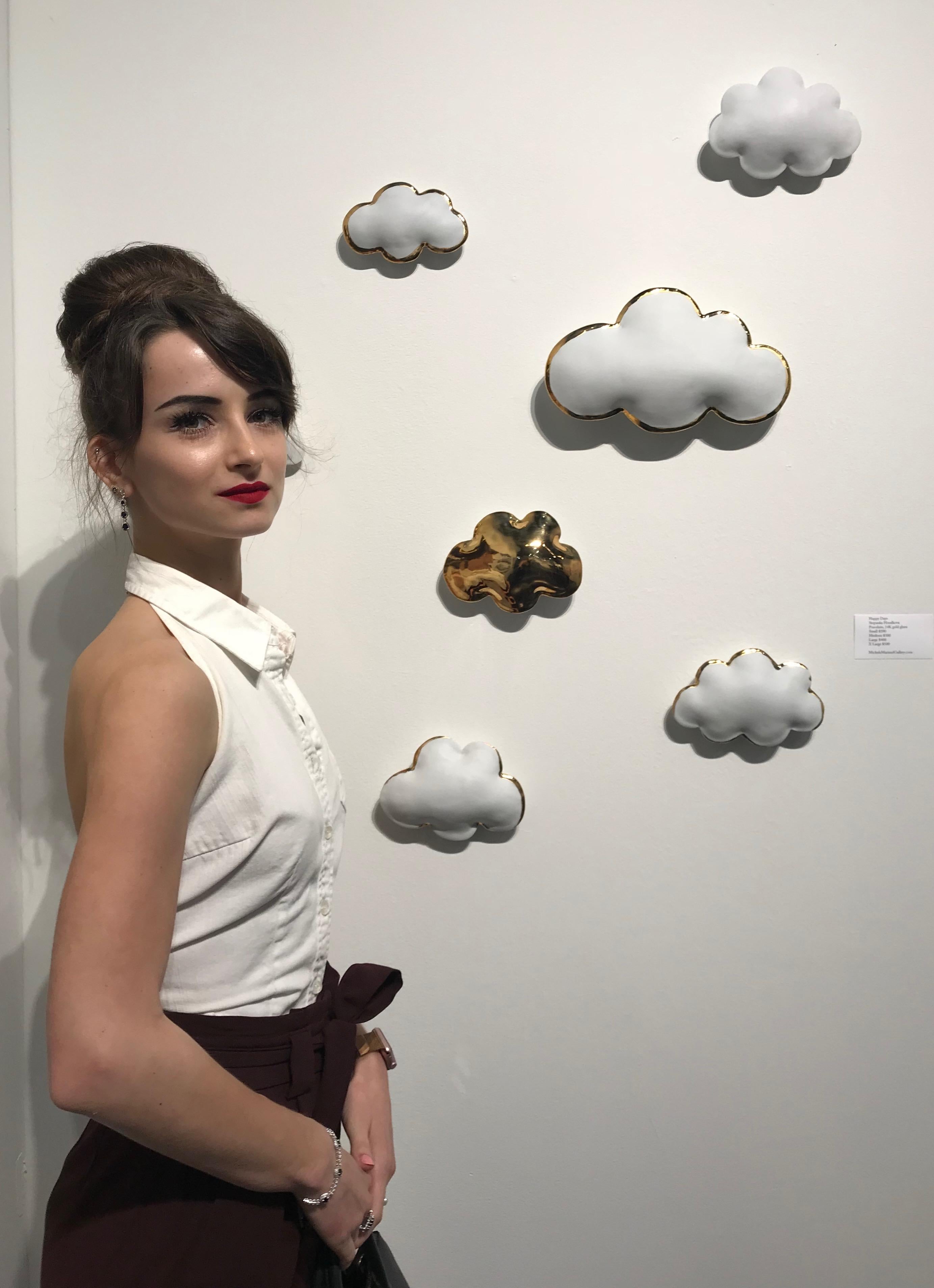 Happy Days, 2 gold rim porcelain clouds, 1 Large and 1 small. - Sculpture by Stepanka Summer