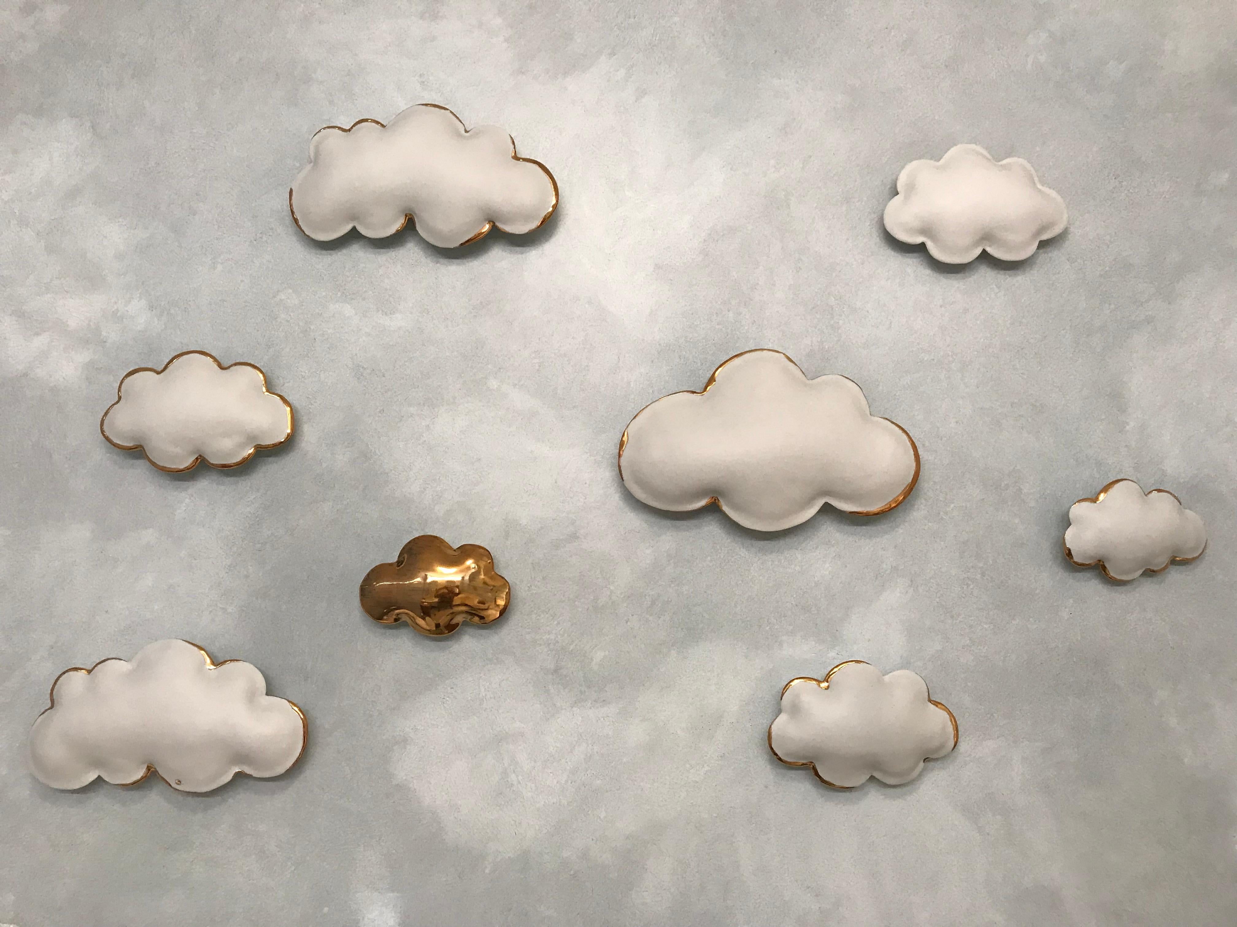 Happy Days, 2 gold rim porcelain clouds, 1 Large and 1 small. - Contemporary Sculpture by Stepanka Summer