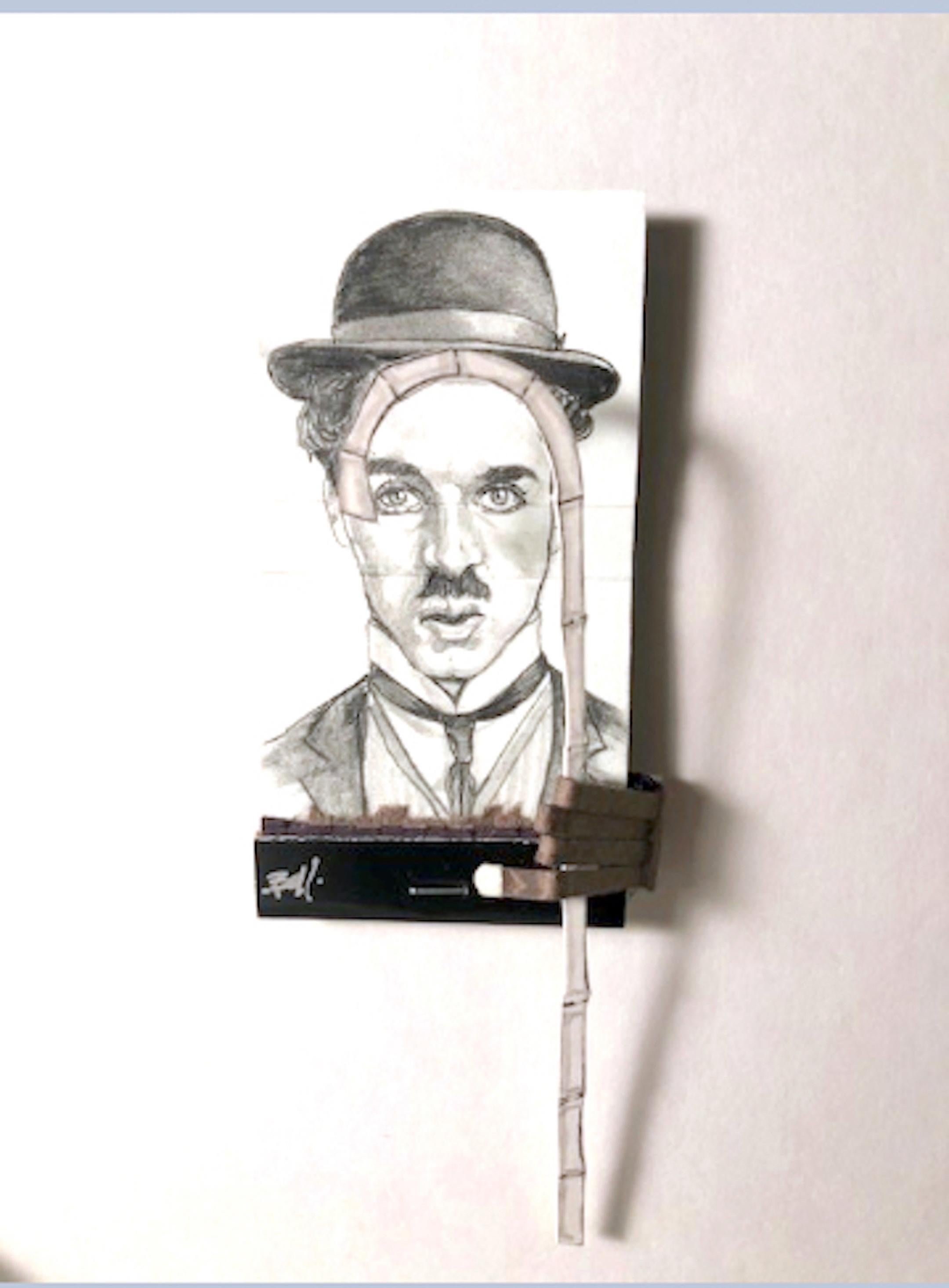 MB visual Portrait - Charlie Chaplin- figurative black and white portrait drawing on matchbox