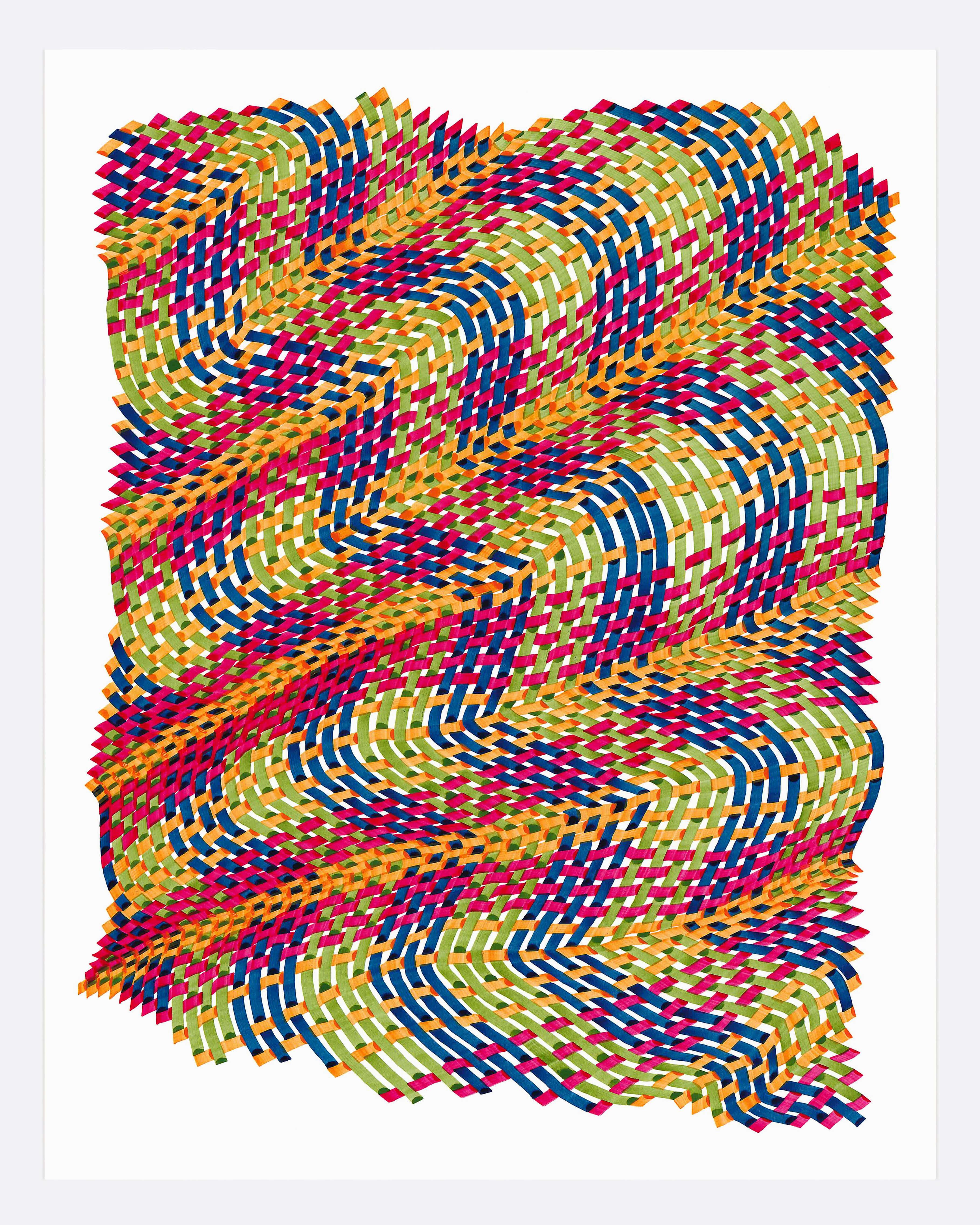 Dana Piazza Abstract Drawing - Woven lines 28- abstract geometric green yellow red color ink drawing on paper