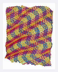 Woven lines 28- abstract geometric green yellow red color ink drawing on paper