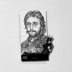 John Lennon - figurative black and white portrait pencil drawing on matchbox