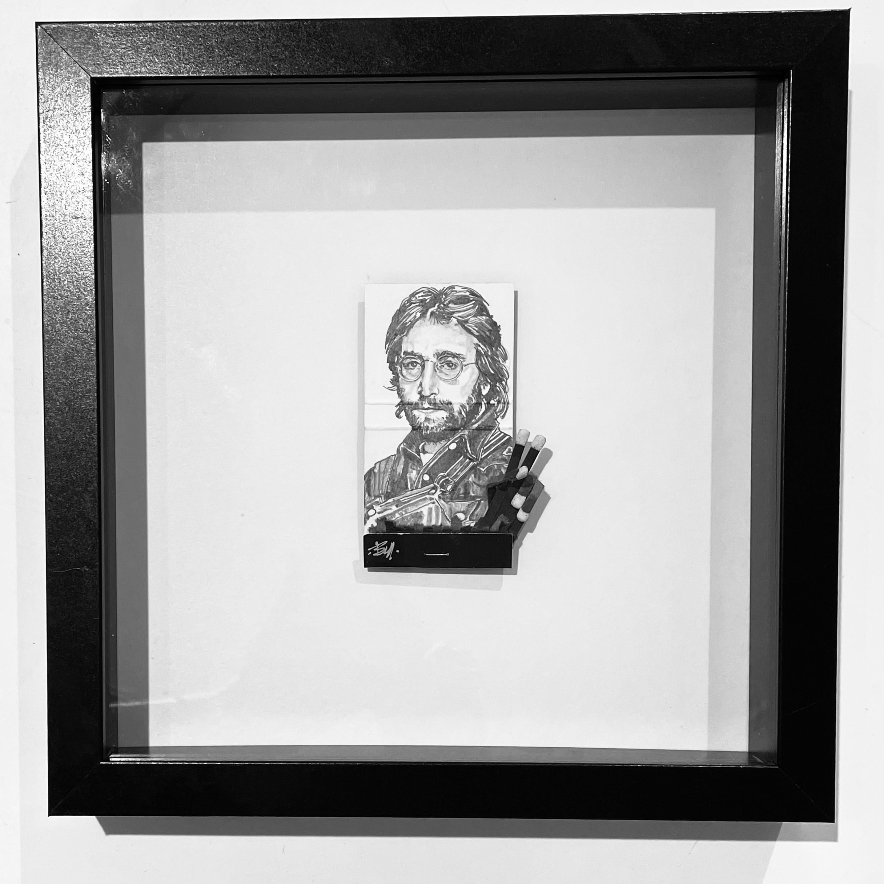 John Lennon - figurative black and white portrait pencil drawing on matchbox - Art by MB visual